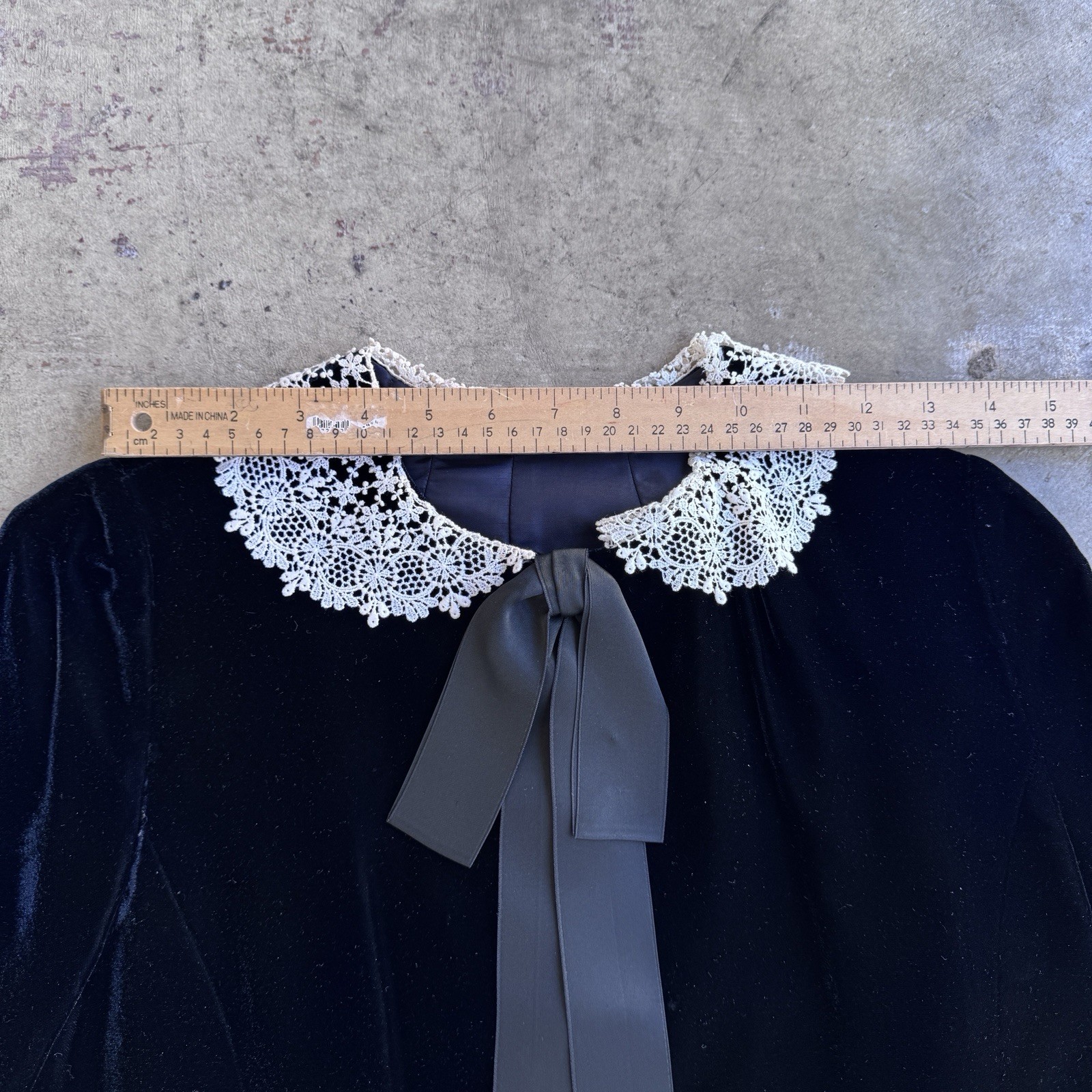 Vtg 80s Celine Velvet Blouse Lace Peter Pan Collar Jacket Tie Ribbon Silk Paris