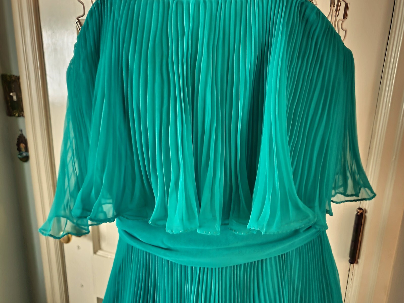 VTG 70s SHEER CHIFFON PLEATED DRESS GOWN Jade Green SIZE S/M Prom Wedding Formal