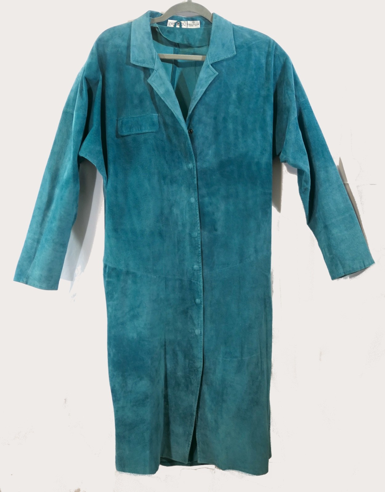Vintage 80s pia rucci Turquoise Midi Suede Leather Duster Coat Jacket M w flaws
