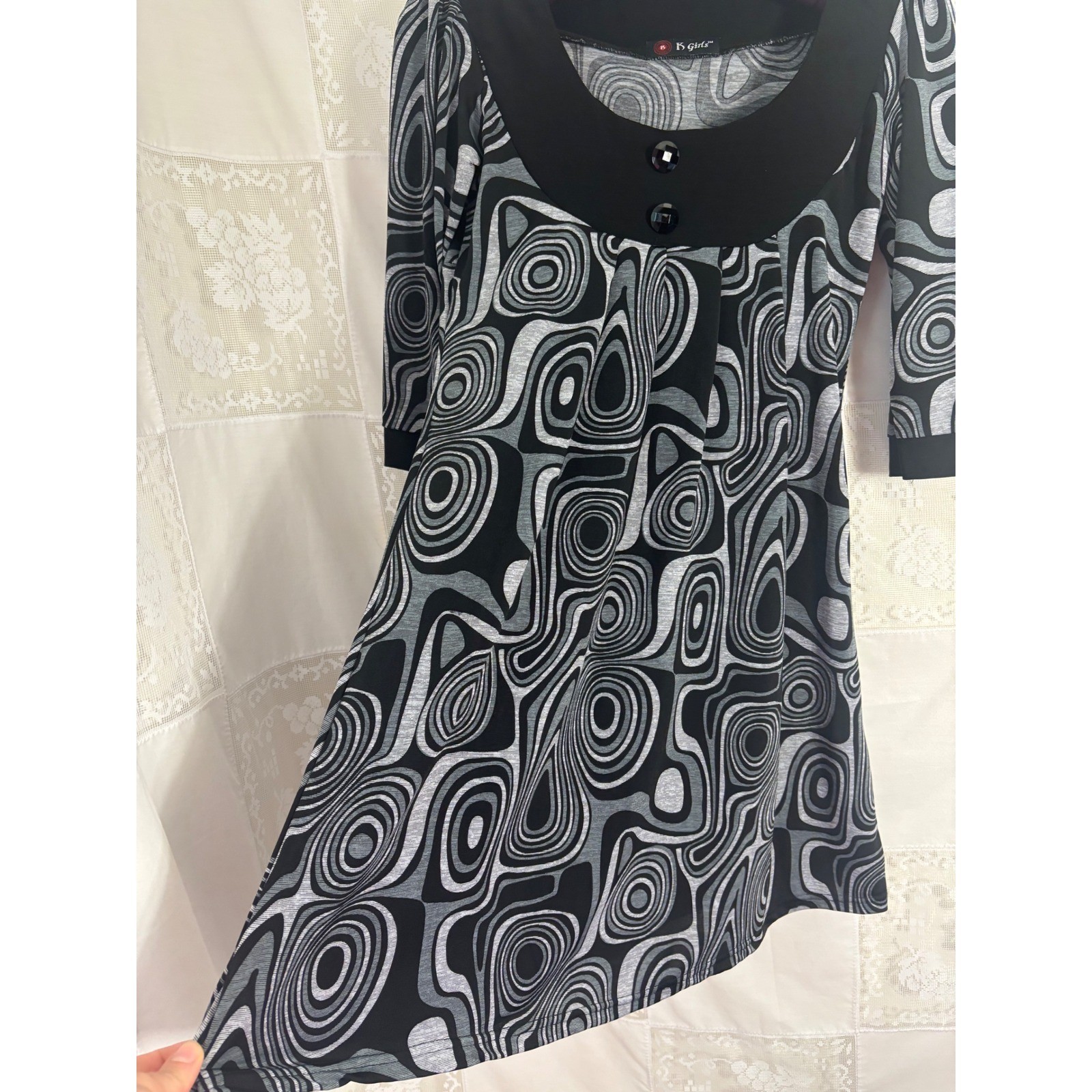 VTG Y2K 60’s/70’s Mod Black+Gray Artsy Retro 3/4 Sleeve Mini Dress Size S-M