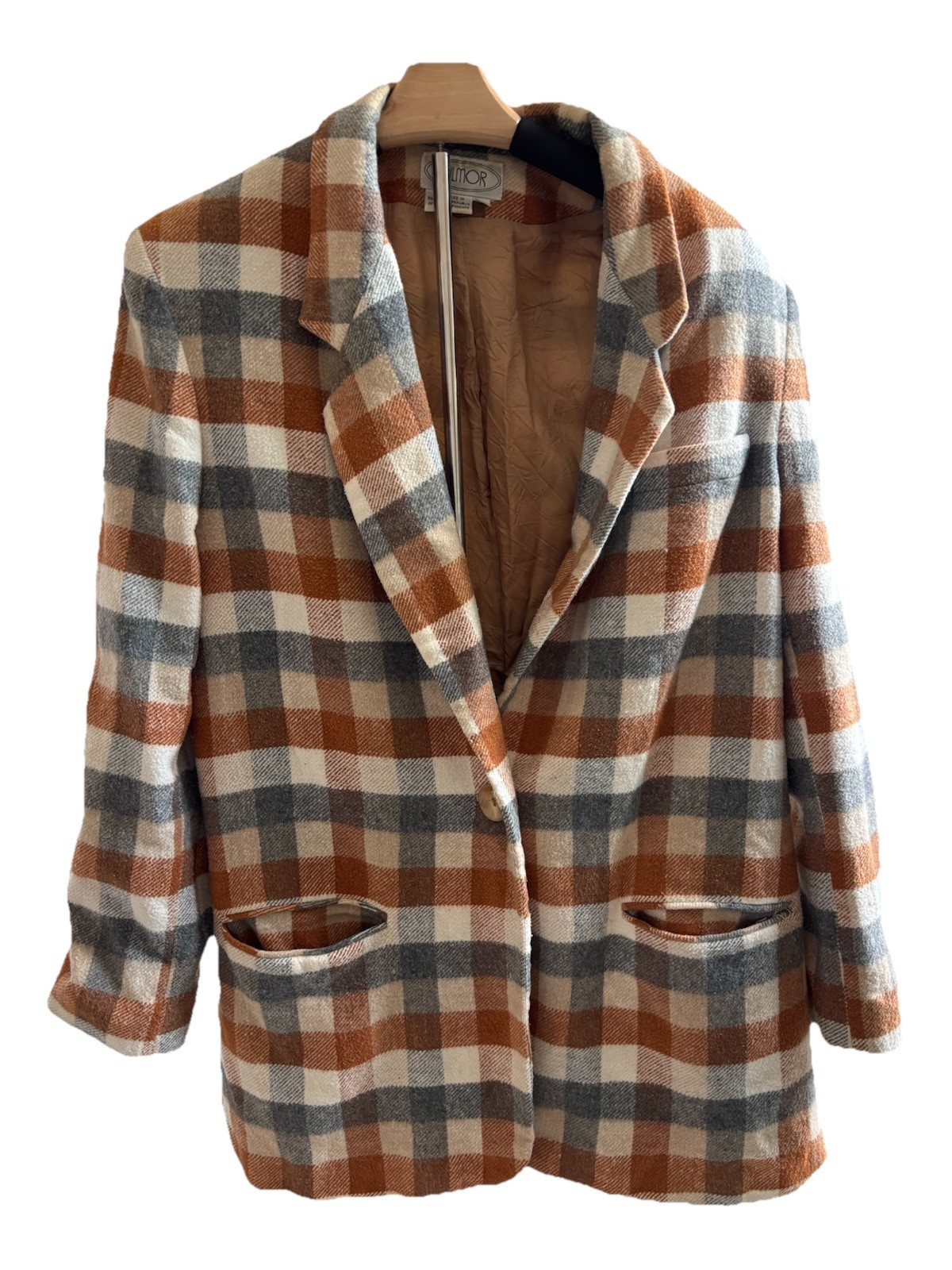 VTG 80s 90s Gilmor Plaid Blazer 16 Wool Blend Tan Academic Preppy Equestrian