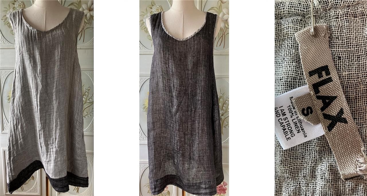FLAX JEANNE ENGLEHART 100% LINEN DRESS SLEEVELESS REVERSIBLE BLACK WHITE S GUC