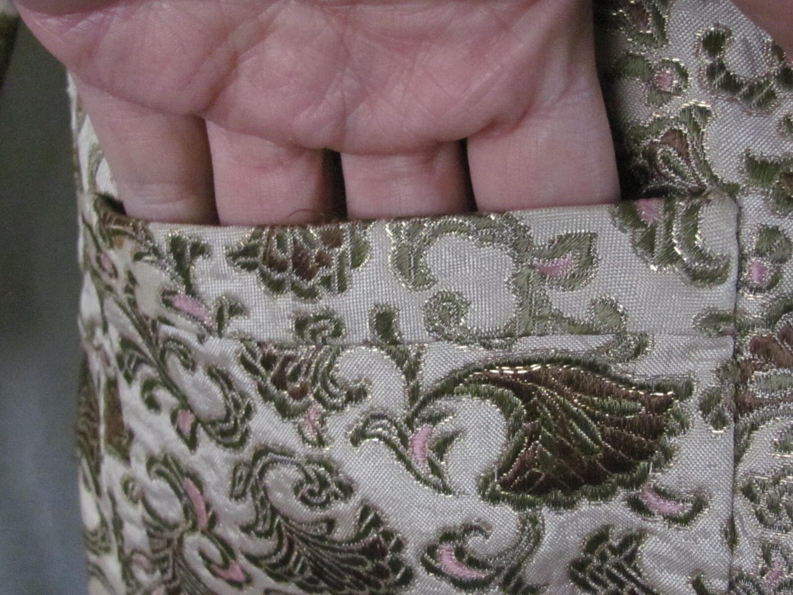 Vintage Green & Gold Brocade Waist Jacket Reversible Beige Satin Side SzM