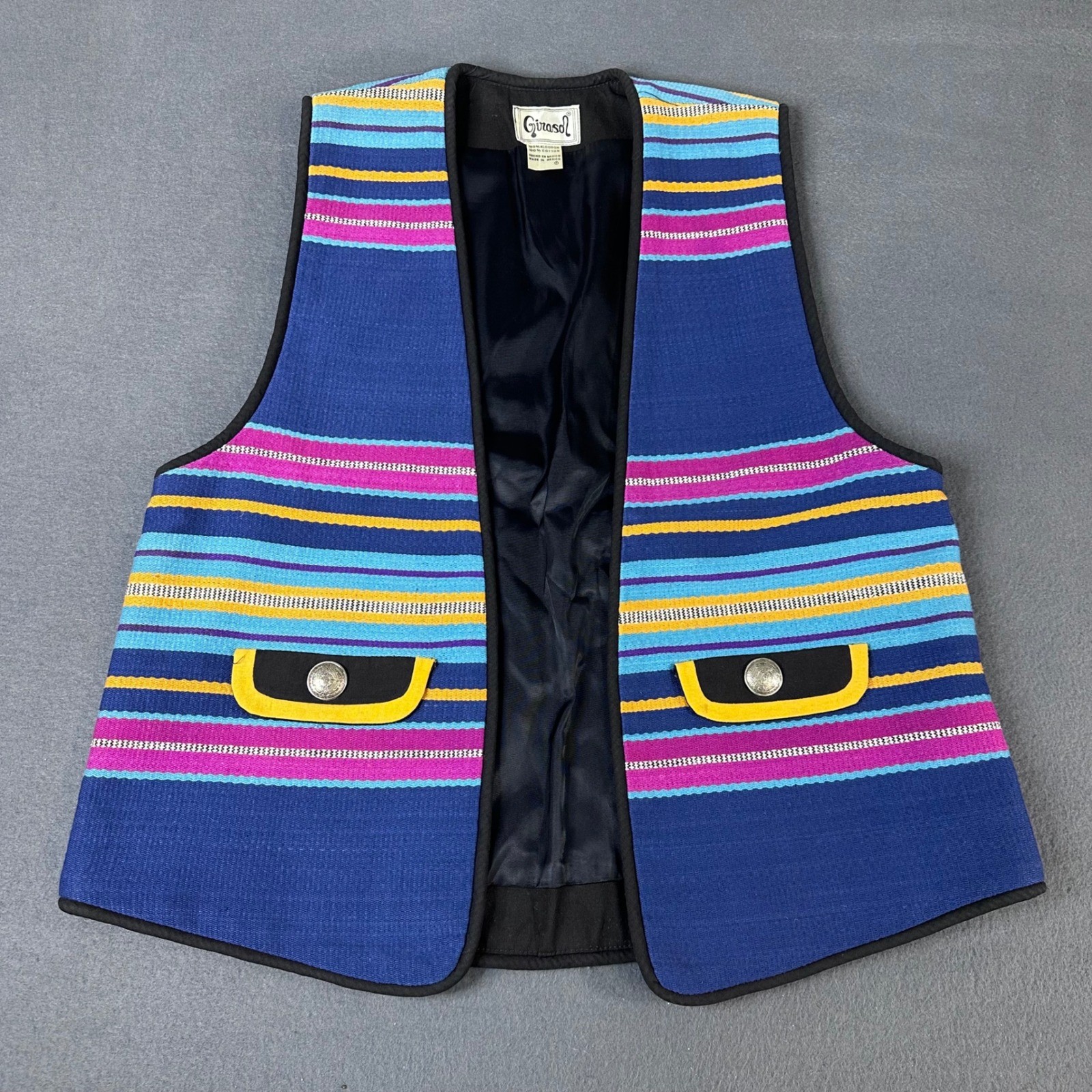 Girasol Vintage Mexican Woven Cotton Striped Vest Blue Purple Yellow Womens L
