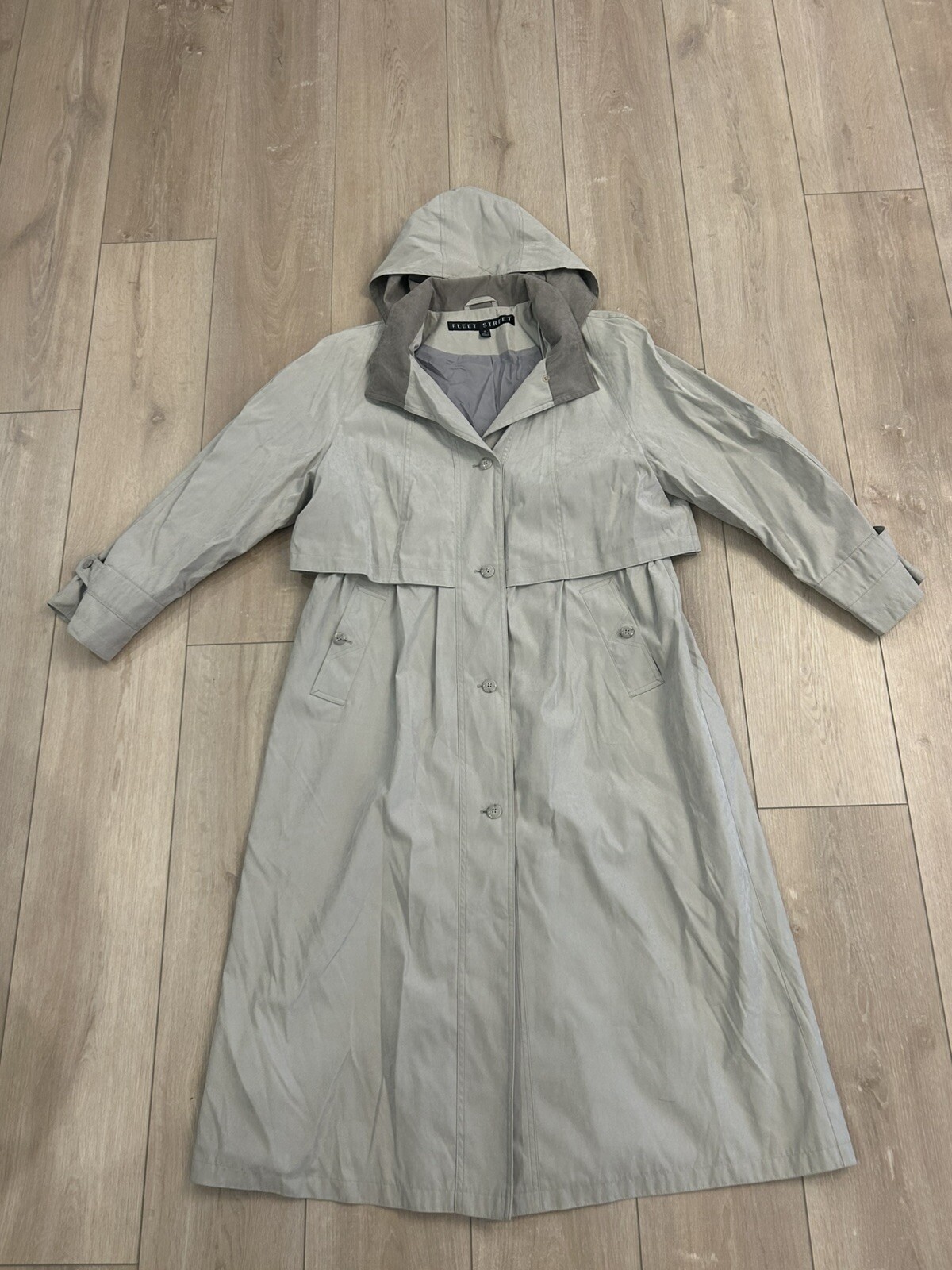 Vintage Fleet Street Trench Coat Hooded Greenish Gray Size 16, Button Up Soft
