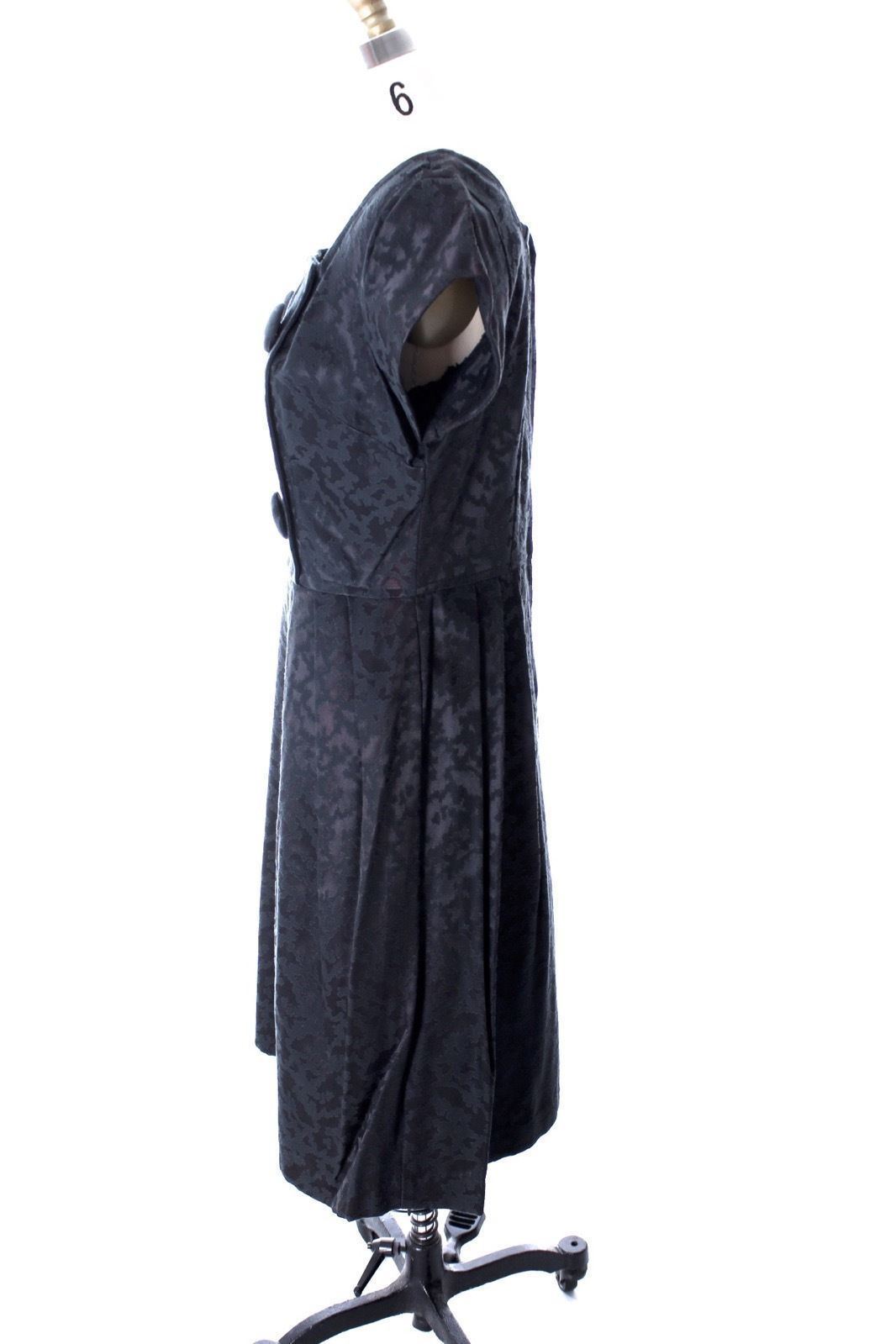 VTG 1960s Black Damask Cocktail Dress NWOT Square Neck Buttons Full Skirt S/M
