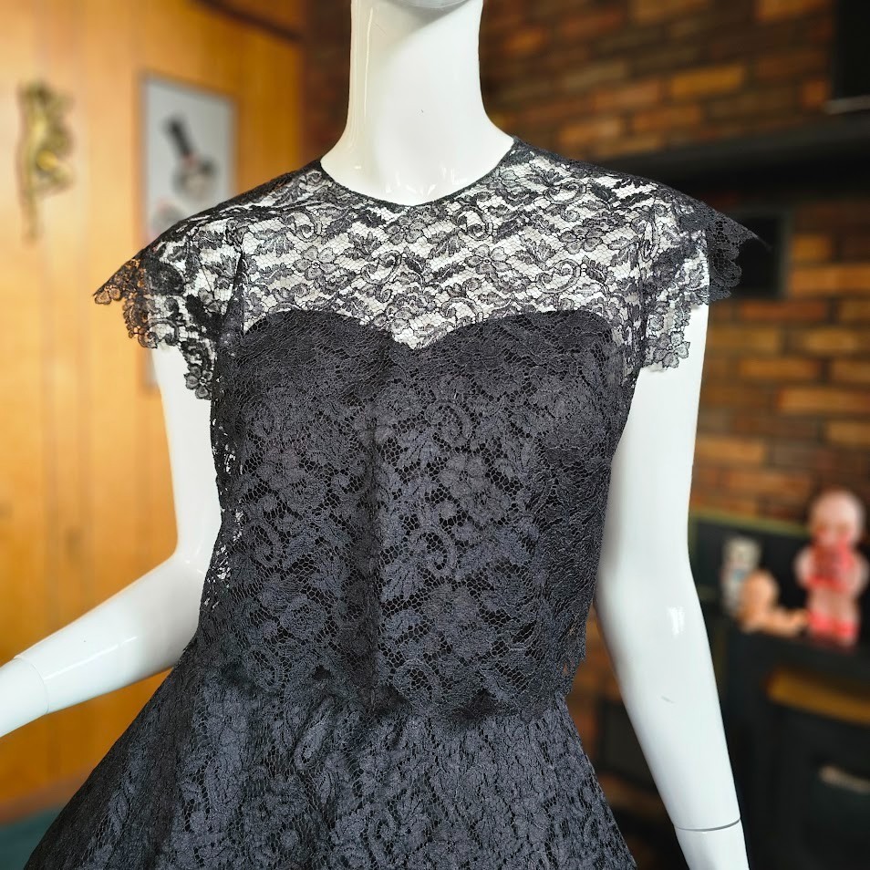 Vintage 1950s Black Lace Circle Prom Evening Cocktail Party Dress w/ Bolero XS/S