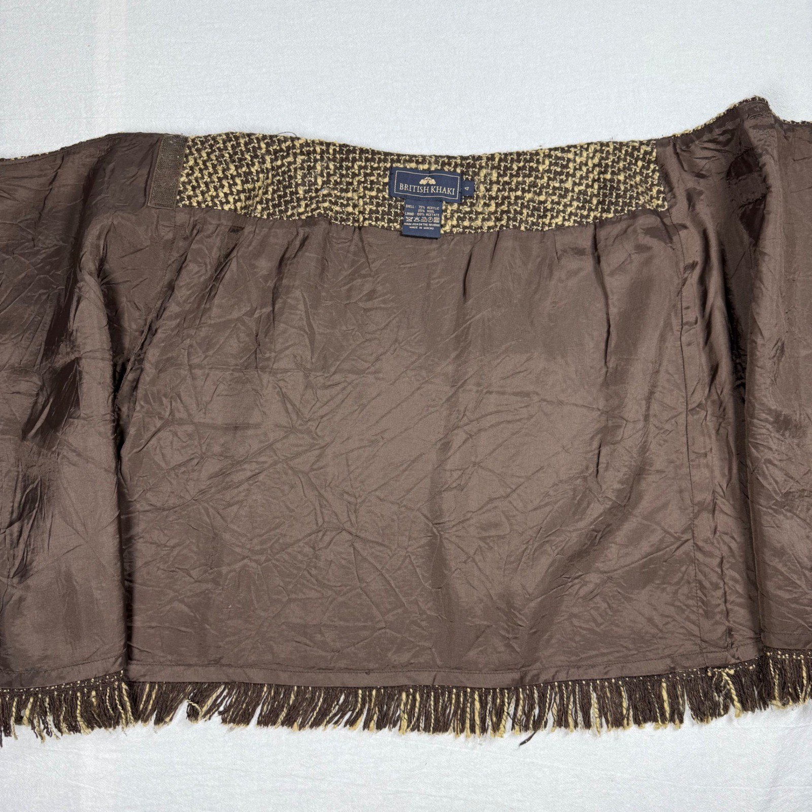 British Khaki Wool Blend Fringe Wrap Skirt Size 4 Brown Tweed Vintage Heritage