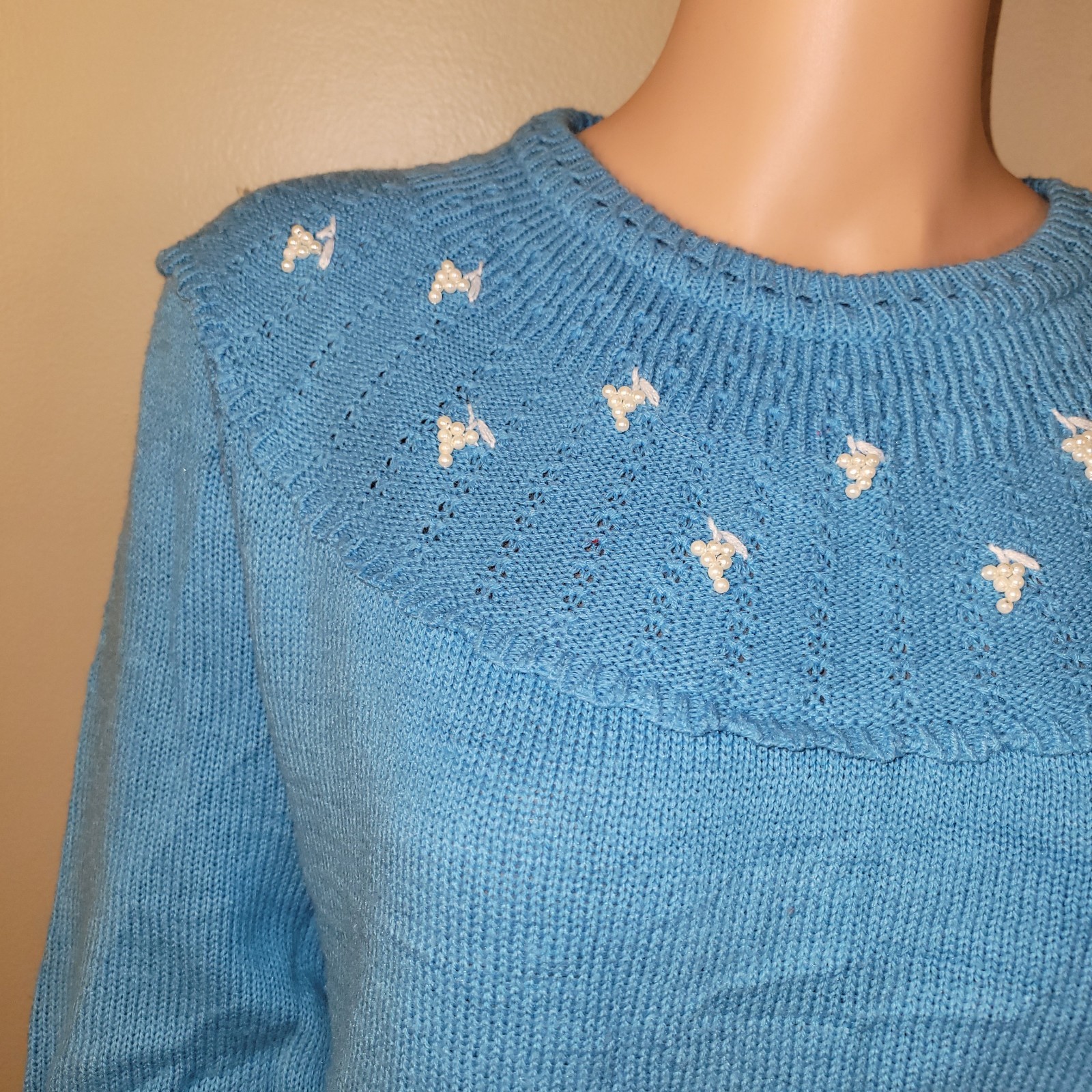 Vintage Beaded Knit Sweater L Bib Feminine Blue Cottage Jumper Granny Core