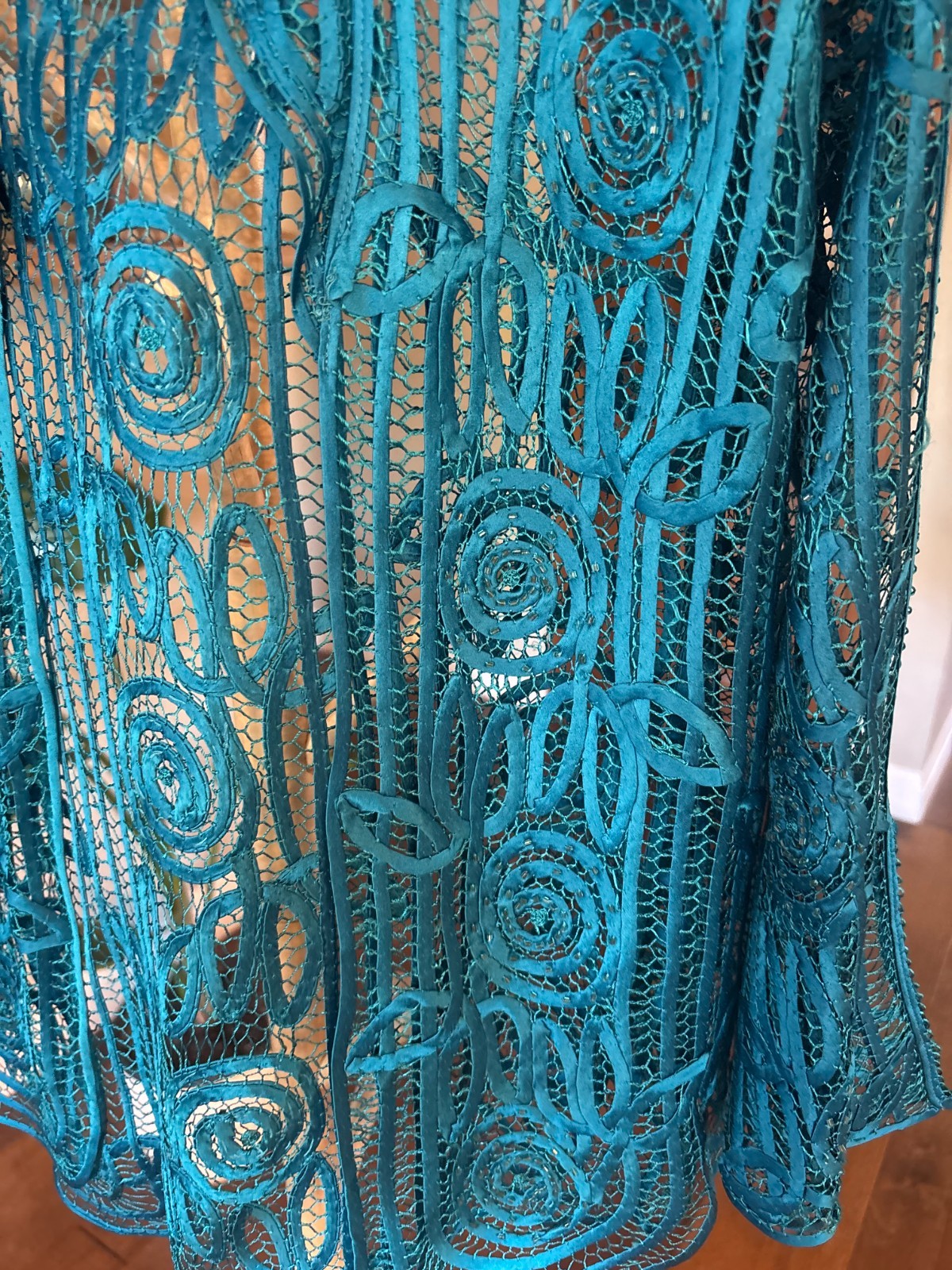 Soulmates 100% Silk Soutache Lace Open Jacket M Teal Handmade Art Deco Vintage
