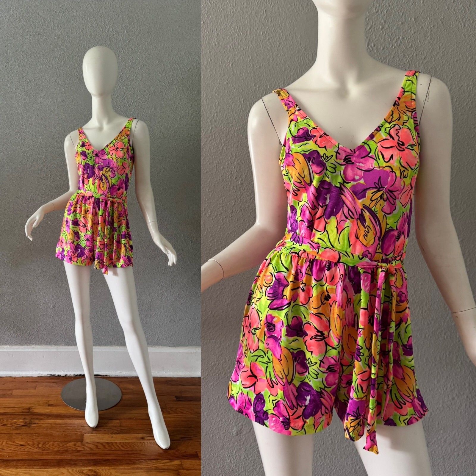 Vintage 80 Neon Colorful Pin Up RETRO Floral Romper Playsuit Swimsuit M