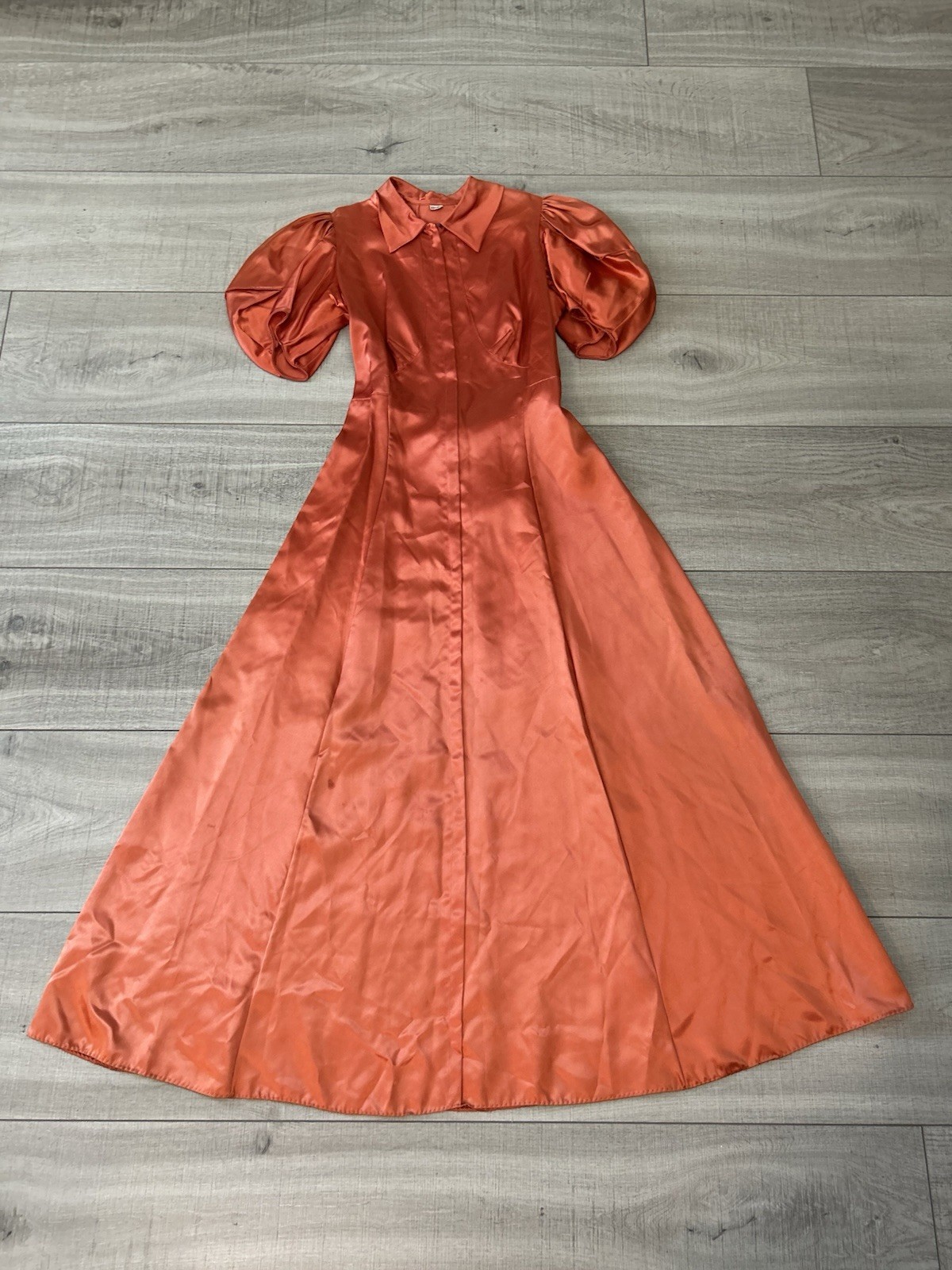 Vintage 1930’s Burnt Orange Satin Puff Sleeves Maxi Dress Dramatic XS/S