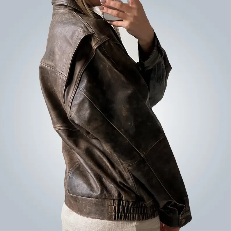 1980s Oversized Retro Distressed Brown Vintage Handmade Real Leather Jacket Wome