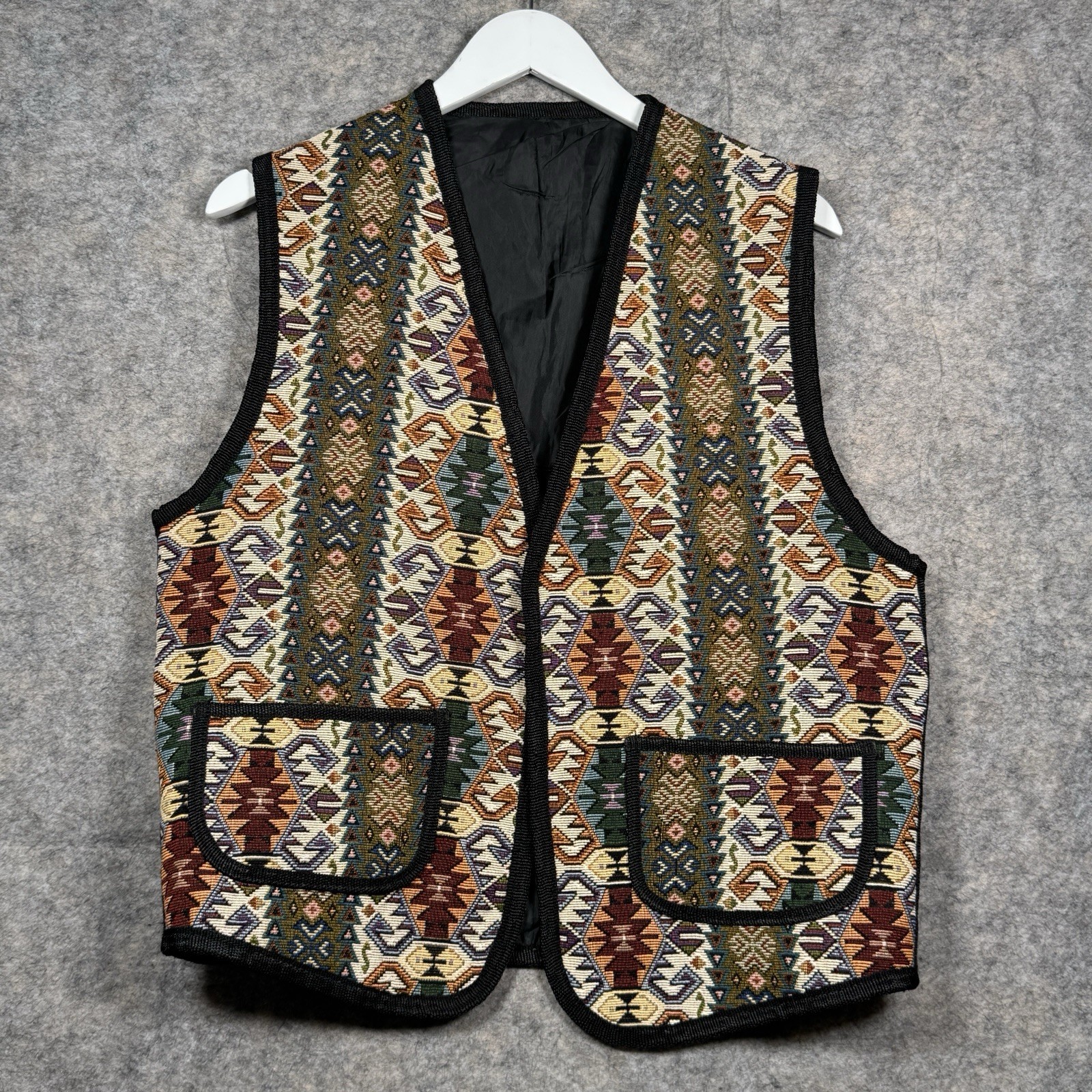 Vintage Womens Boho Tapestry Aztec Pattern Style Vest Size XL 21×25 Pockets