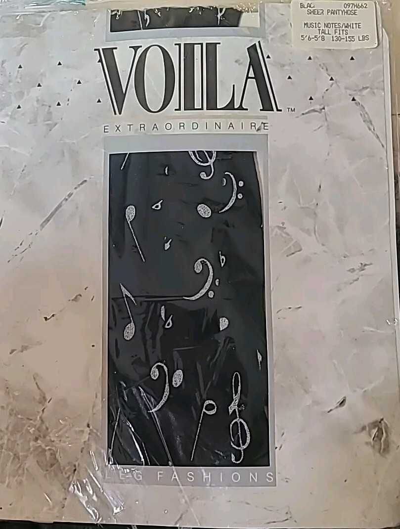 Vintage Pantyhose Black Sheer With Silver Music Notes Tall New in PKG