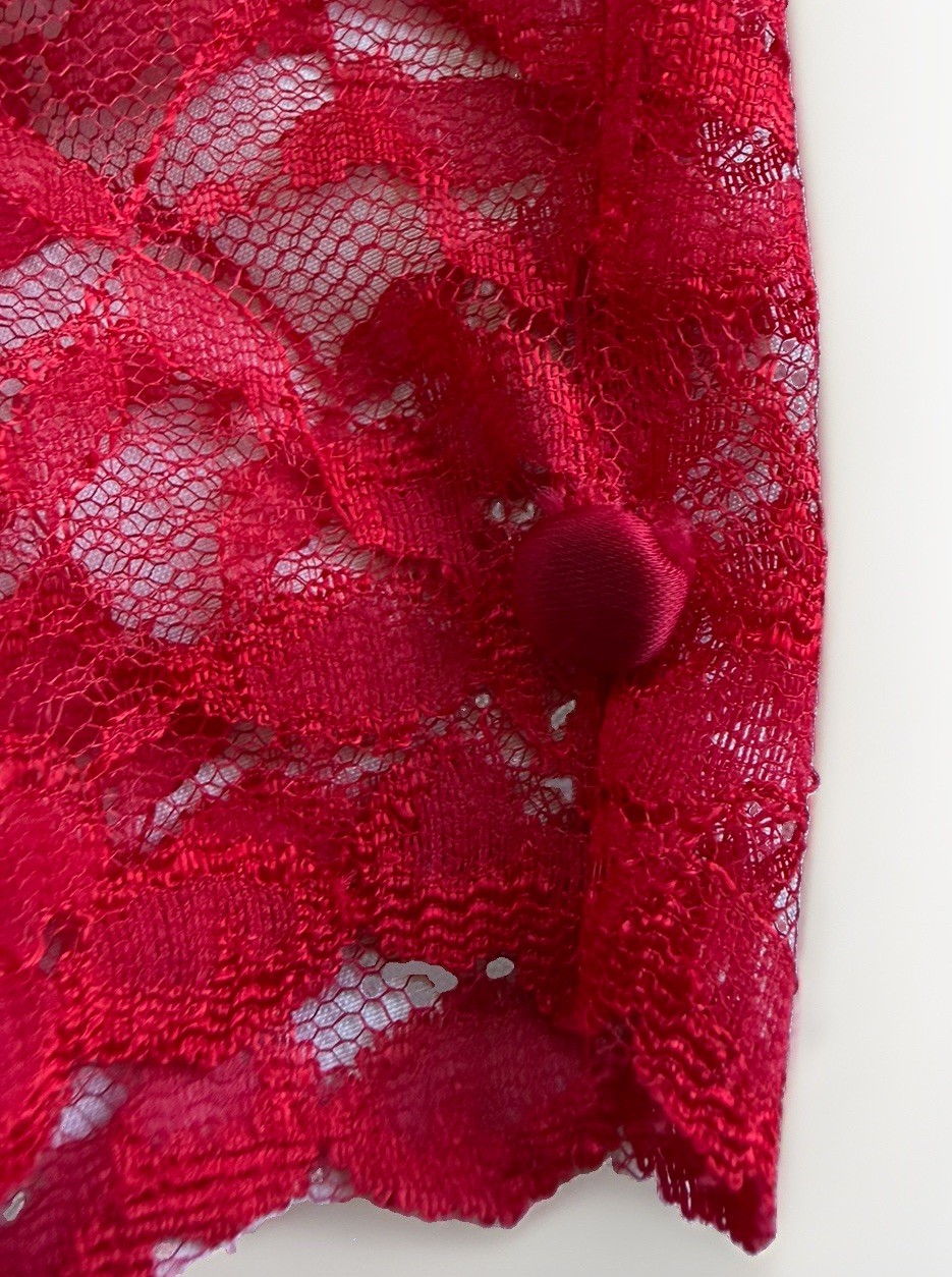 Vintage 80s Lace Satin Formal Dress Puff Sleeve Red Prom Homecoming Wedding READ