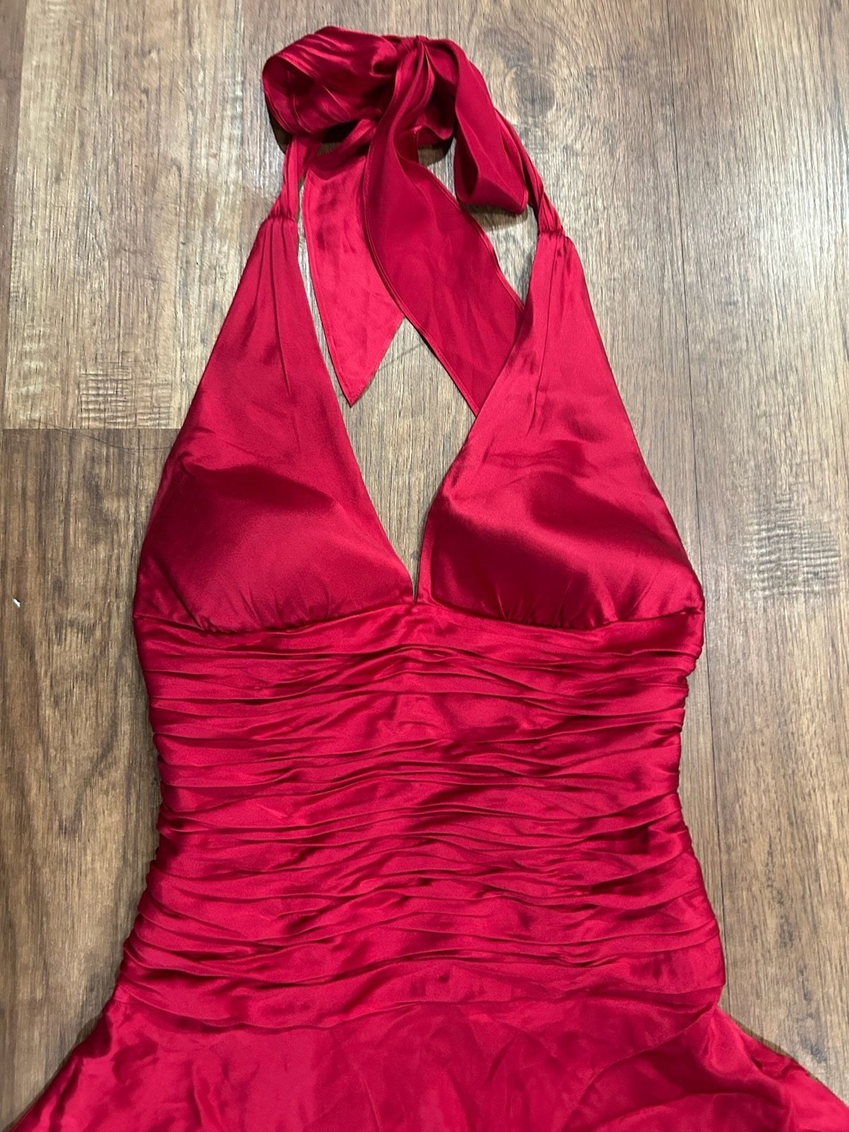 Vintage Cache Vintage Y2K Red Satin Ruched Halter Mini Dress