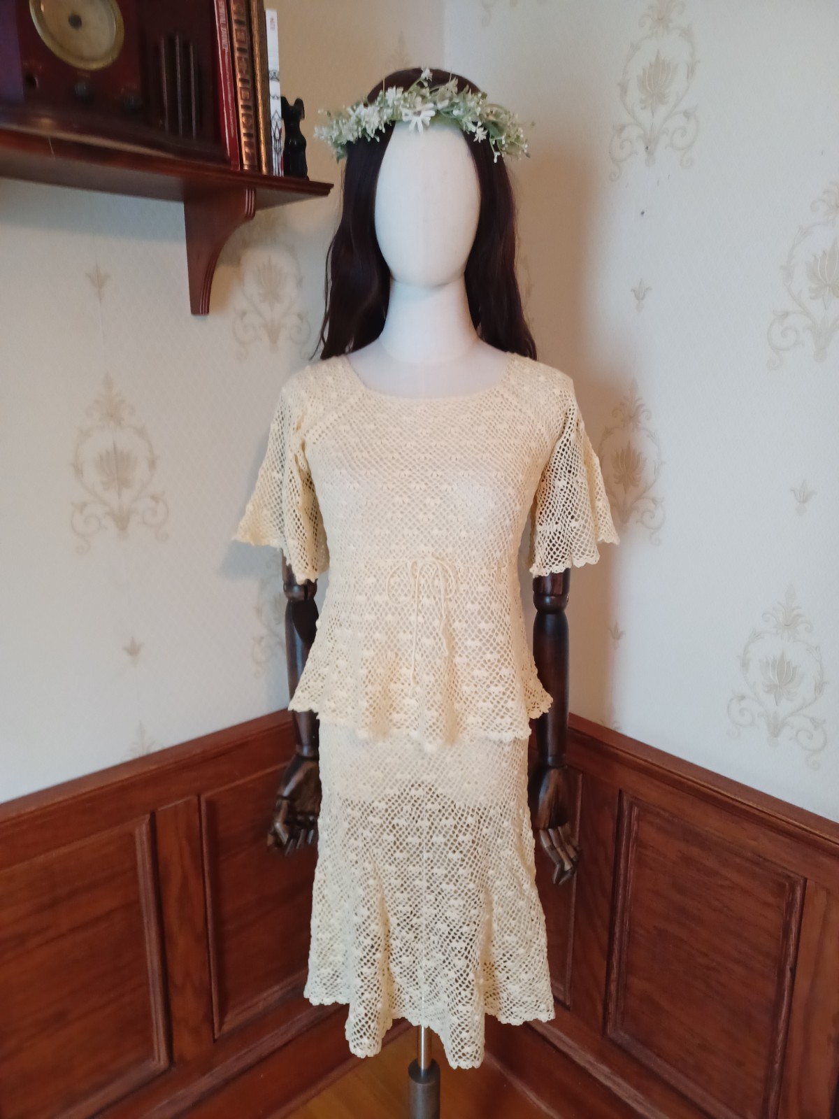 Vintage 1970s Boho/ Hippie/ Beach Wedding Ivory 2-piece Handmade Crochet Dress