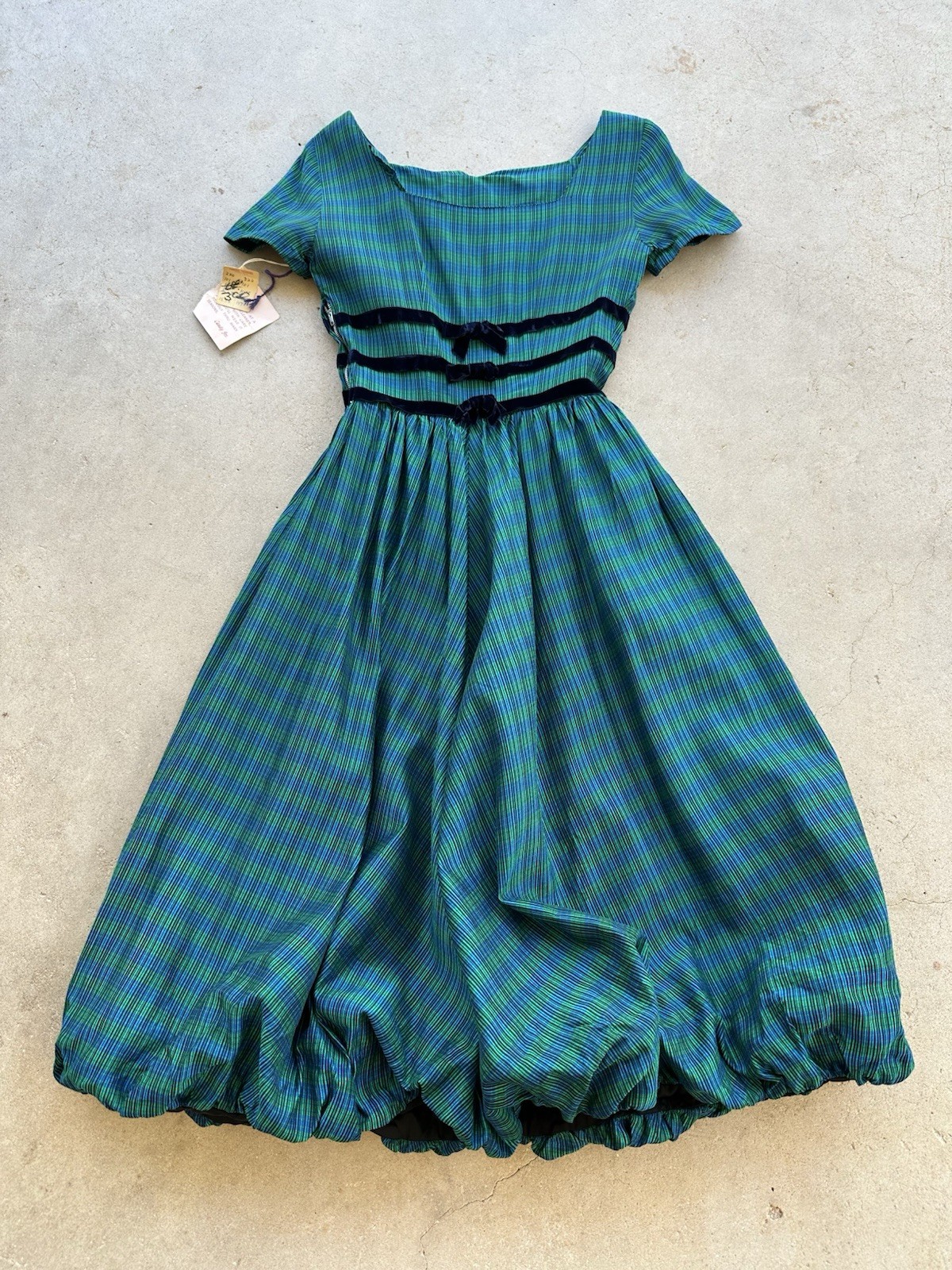 NWT 1950s Candy Jrs Plaid Bubble Hem Pouf Party Dress Velvet Bows Metal Zip VTG