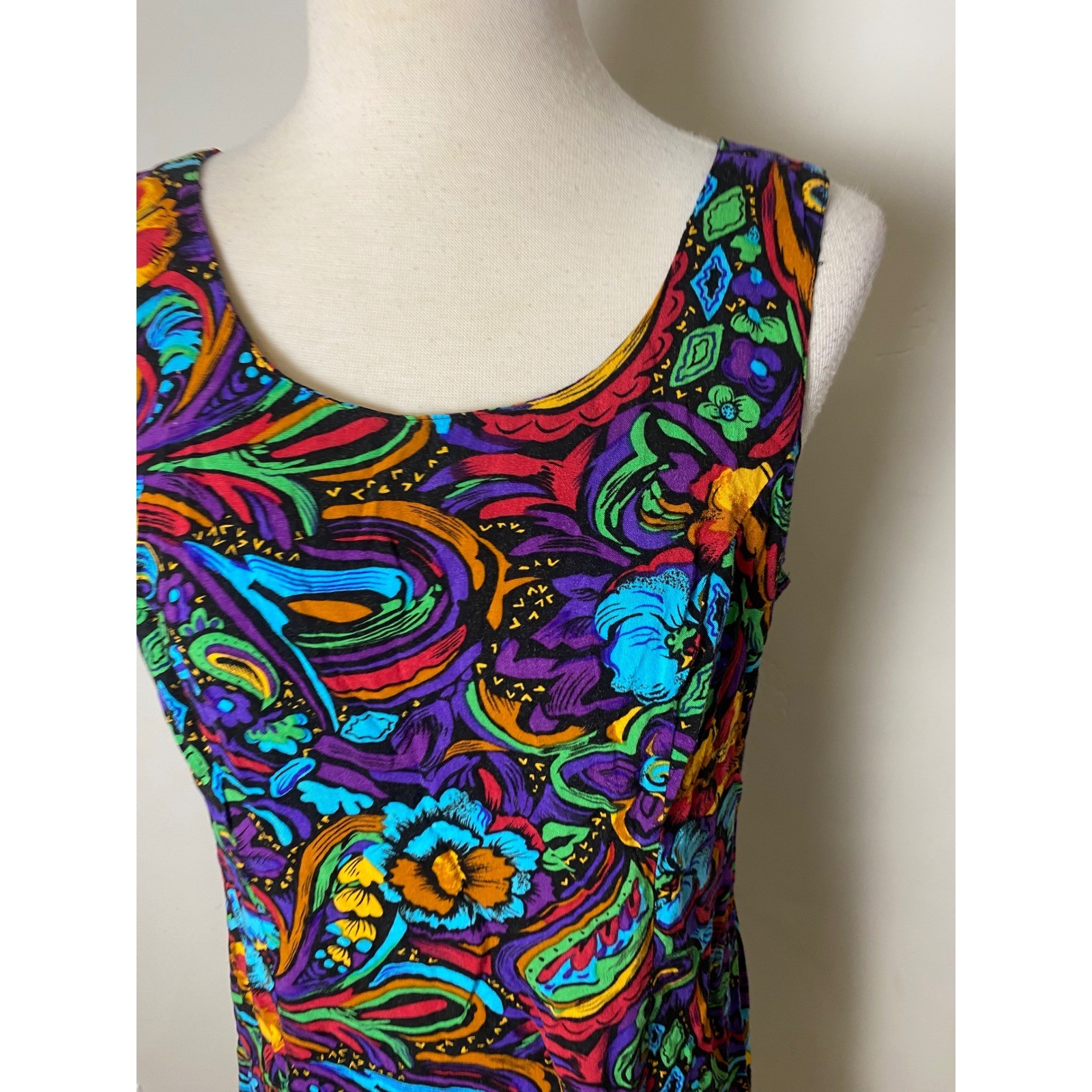 Vintage 90s Multi Color Floral Paisley Ruffle Hem Rayon Dress Party Summer
