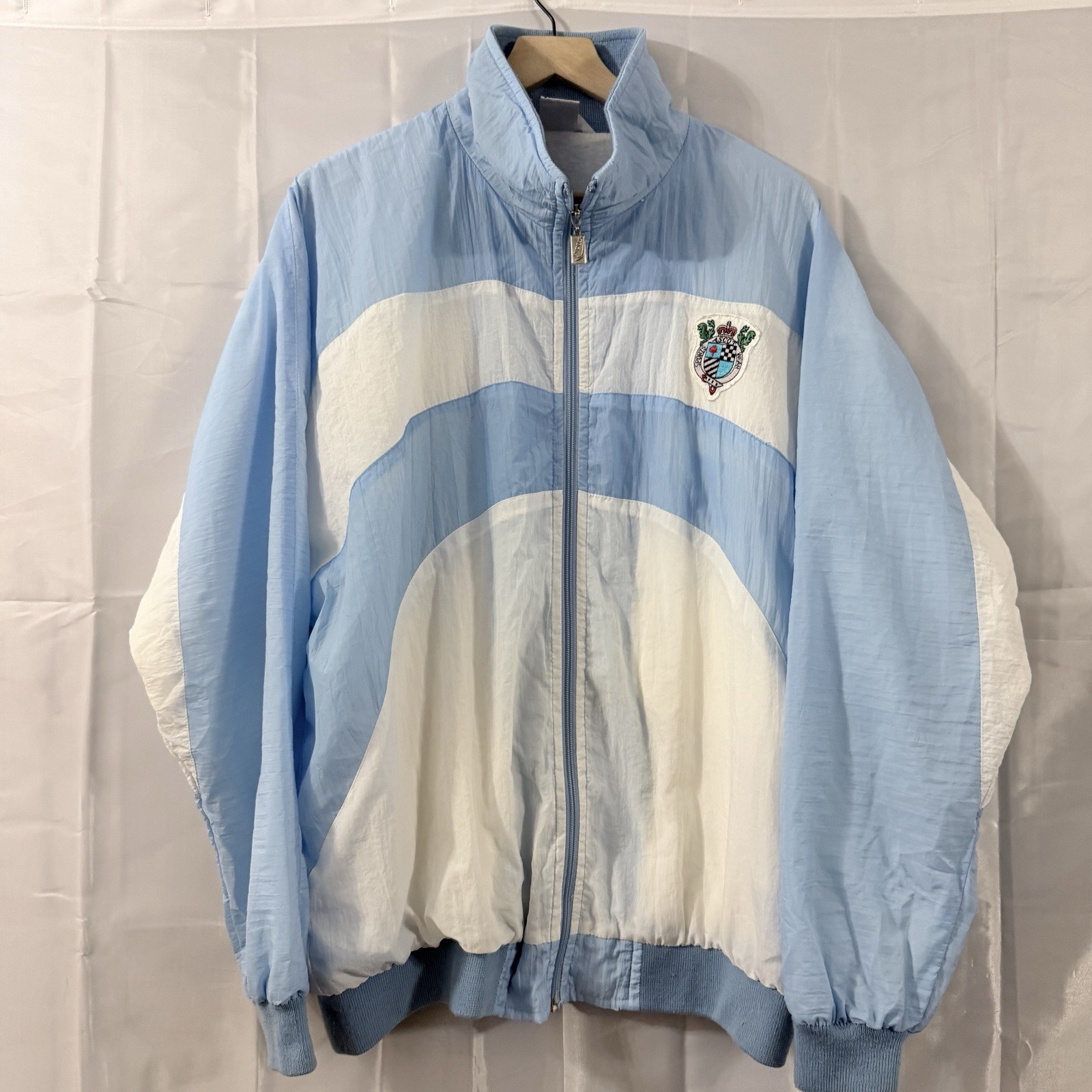 Vintage 80s Womens Set Powder Blue Track Wind Suit Joggers Crest Retro Party L *