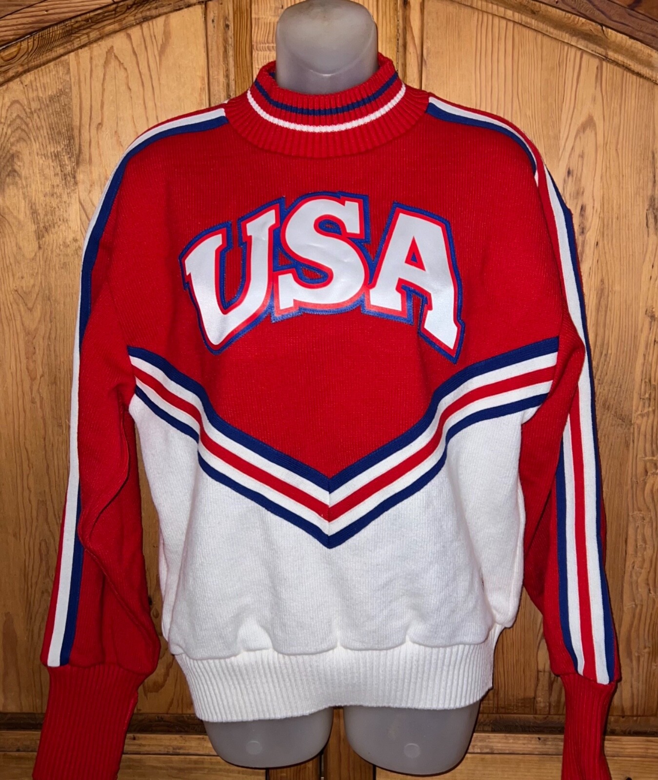 Rare Vintage VARSITY SPIRIT FASHIONS Red White Blue USA Logo Knit Sweater Sz 36