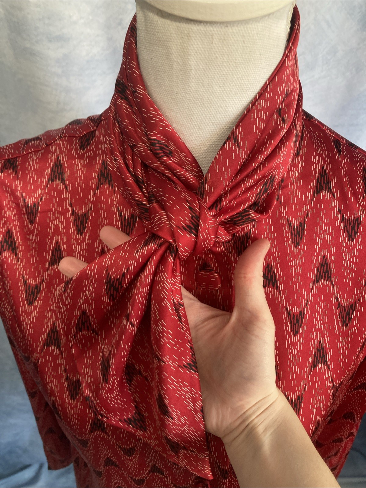 VTG 70s Weathervane Secretary Blouse Asymmetric Button Red Ikat Chevron Tie Neck