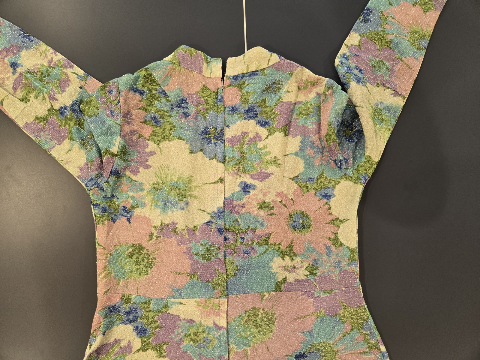60s VTG Sparkle Psychedelic Purple Green White Floral Dress Md Maxi Mermaid