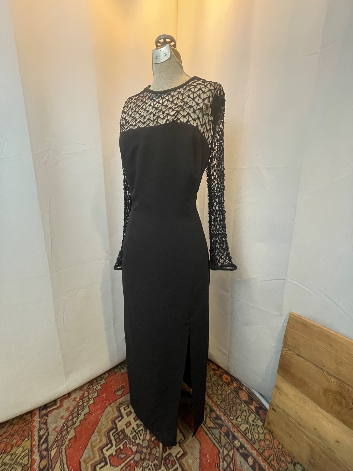 Black Sheer Mesh Lace Dress 1990s Vintage Minimalist Eveningwear M