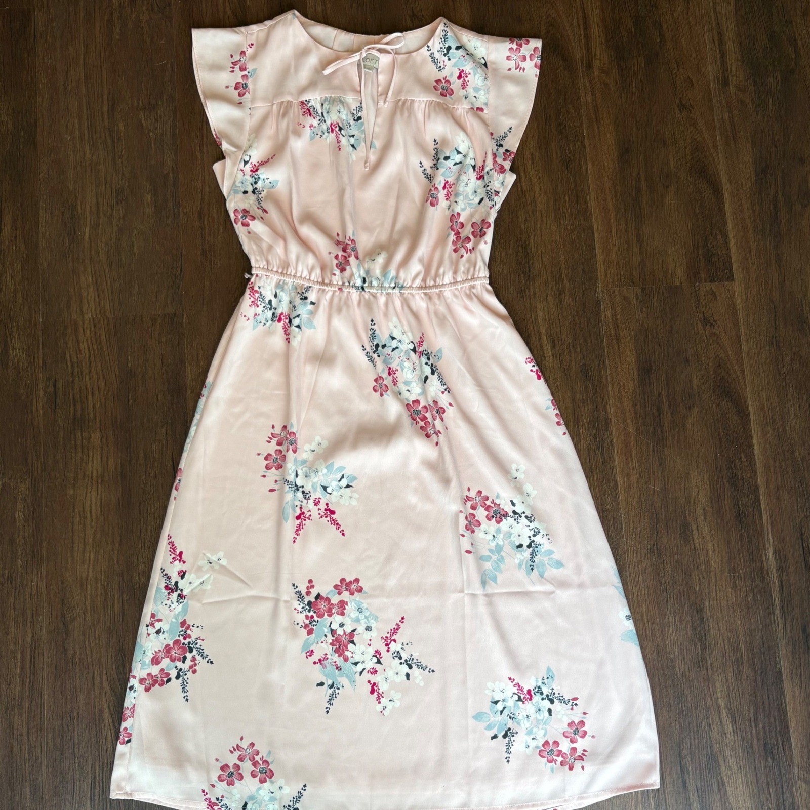 Pink Floral Cottagecore Midi Dress Keyhole Flutter Sleeve Elastic Waist Size SP
