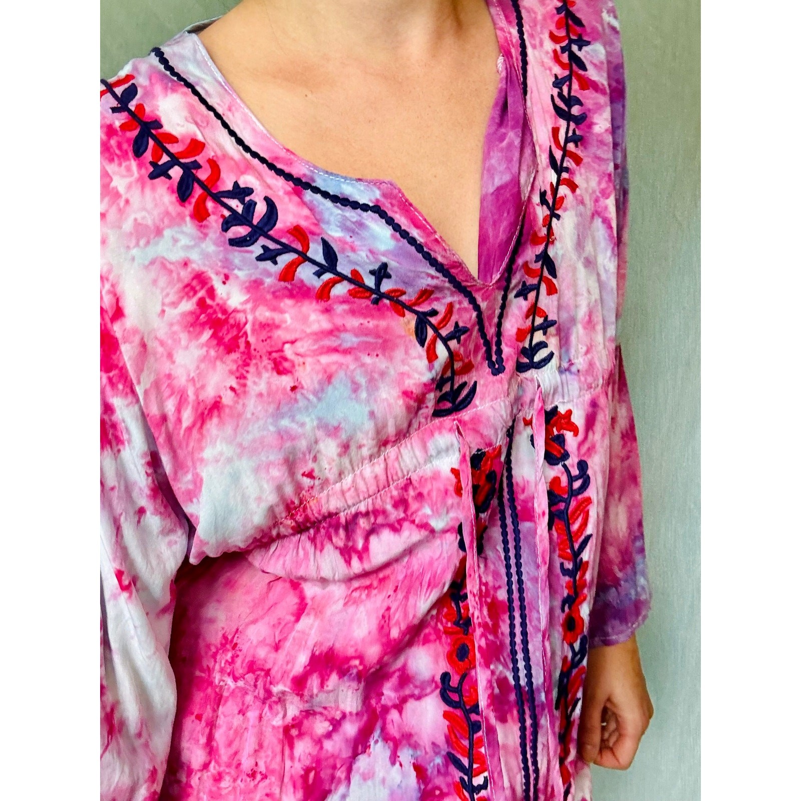Ice Dyed Pink and Purple Vintage Blouse with Embroidery Boho Tunic Cover Up