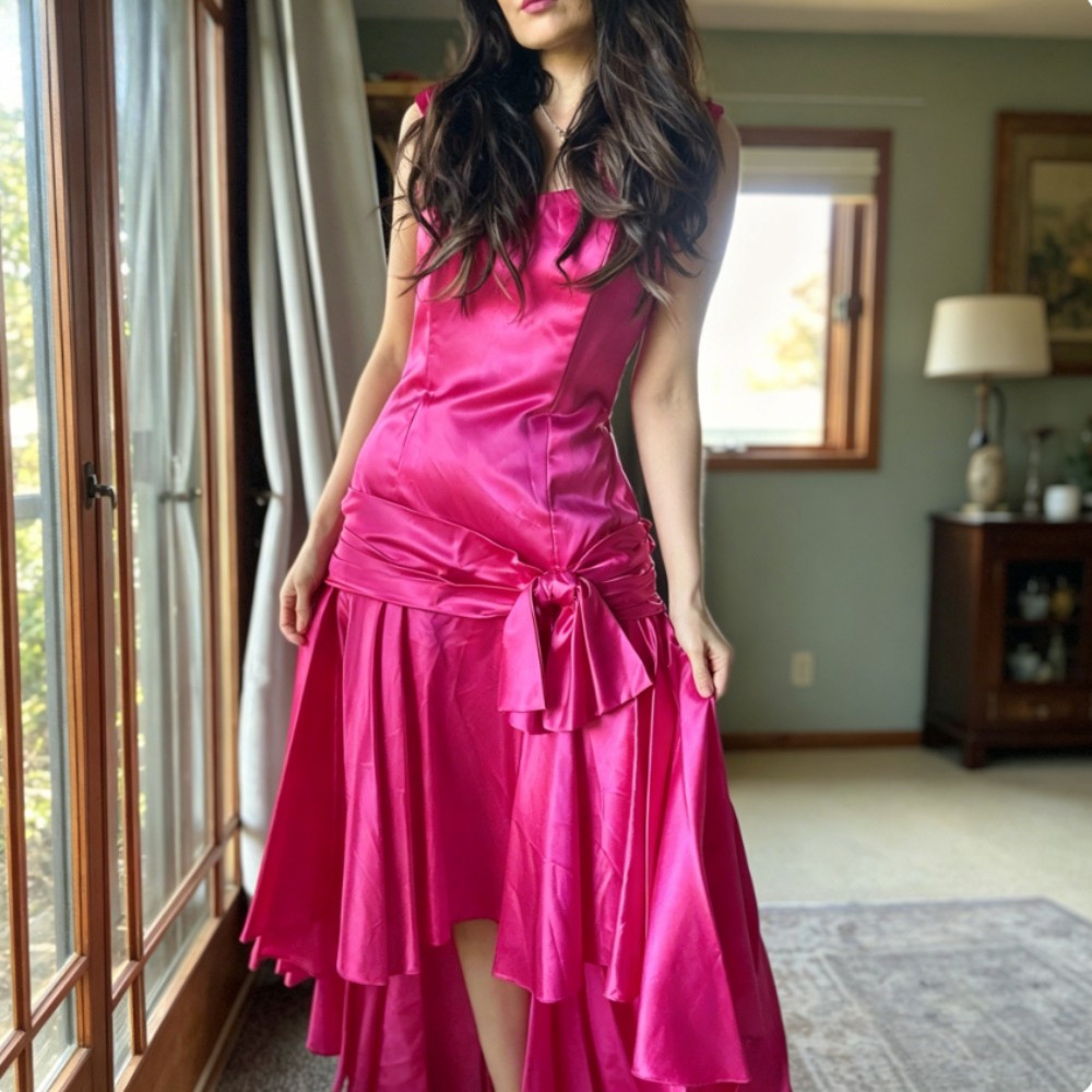 Square Neck Hot Pink Satin High Low Evening Dresses Waist Bow Party Prom Gowns