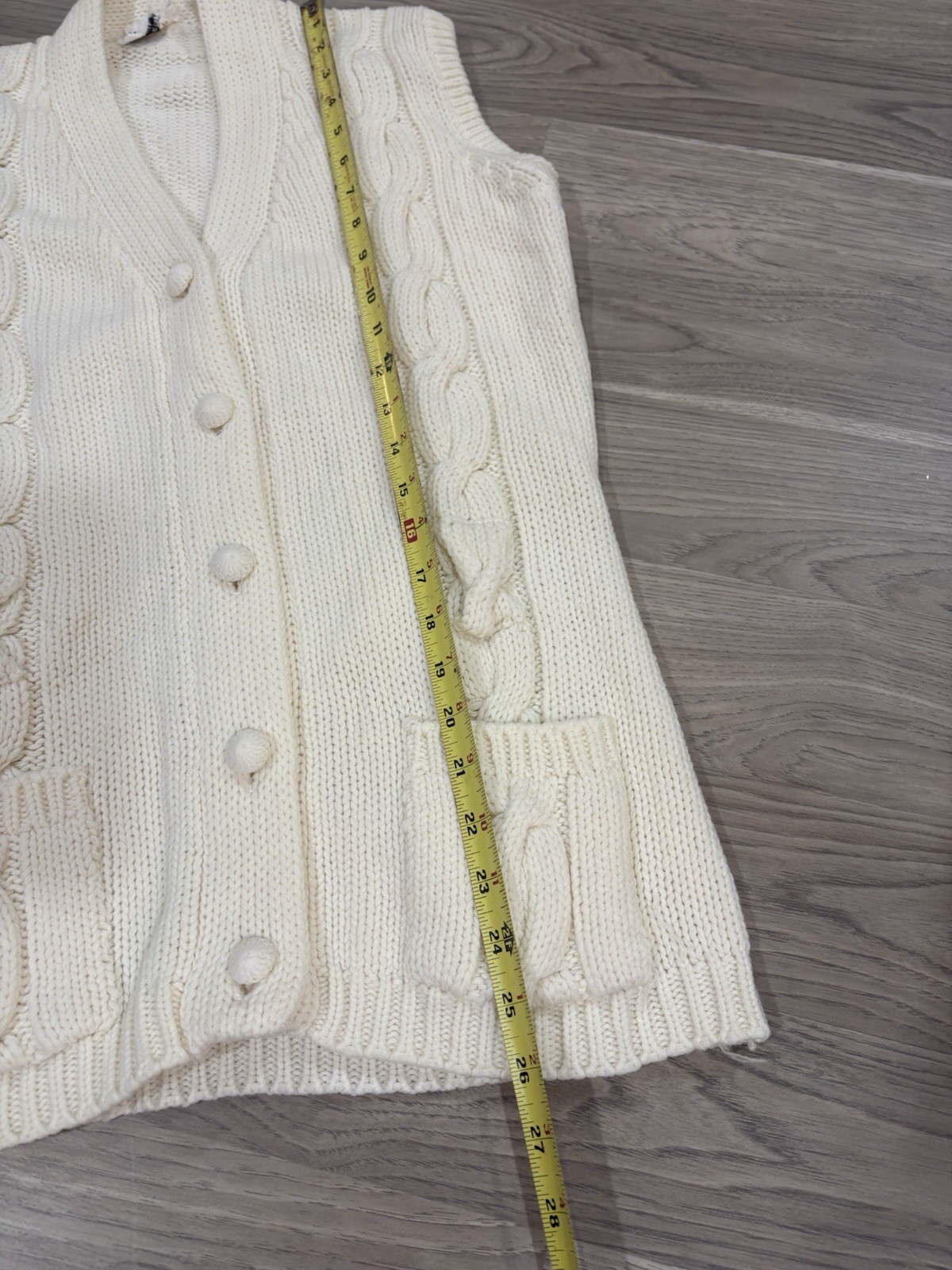VTG Full Fashioned Loomed Ivory Knit Sweater Vest Button Up Pockets NO BELT Sz M