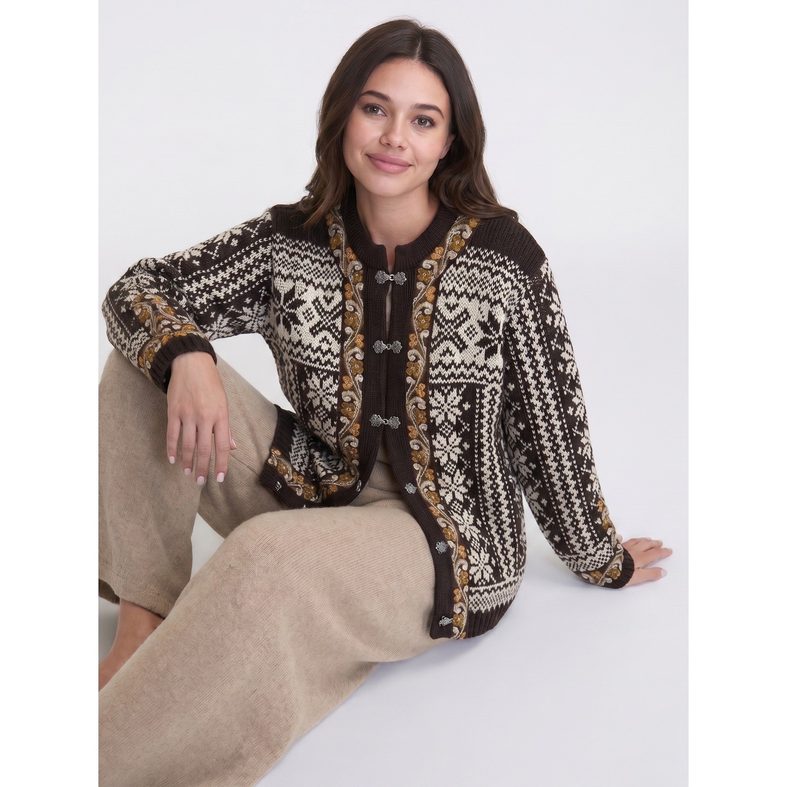 Evebofoss Cardigan Women L Brown Norwegian Wool Fair Isle Pewter Clasp Sweater