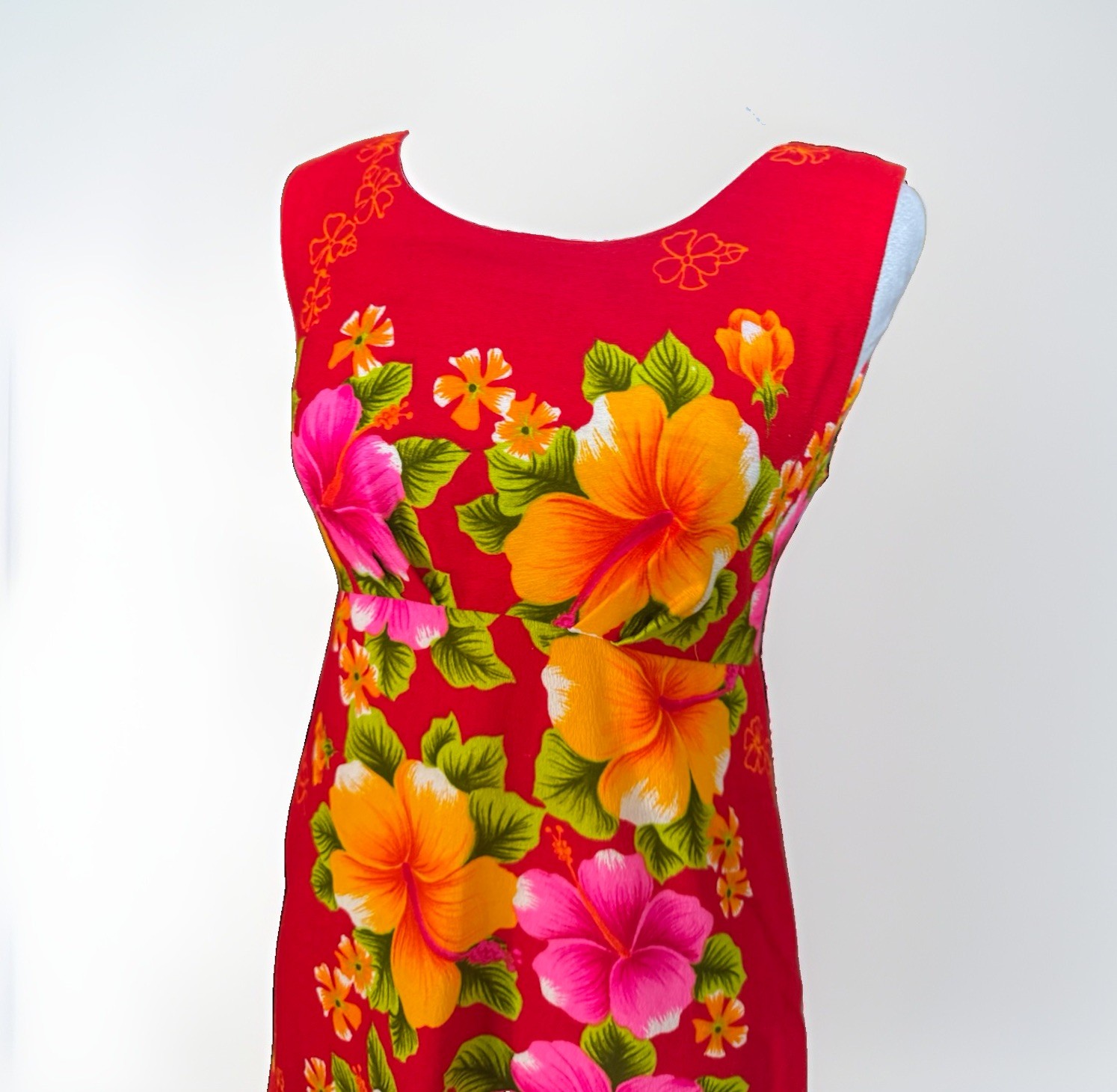 Vtg Pomare Hawaiian Maxi Floral Dress Tiki Luau 60s 70s Hibiscus Empire Waist 10