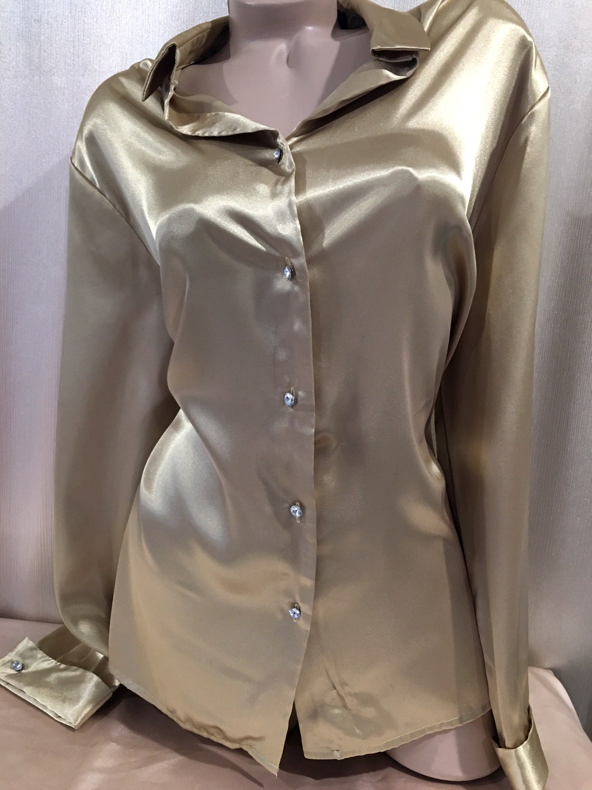 Vtg Gold Satin French Cuff Link Crystal Button Blouse Shirt Top 2X Bust 46 48