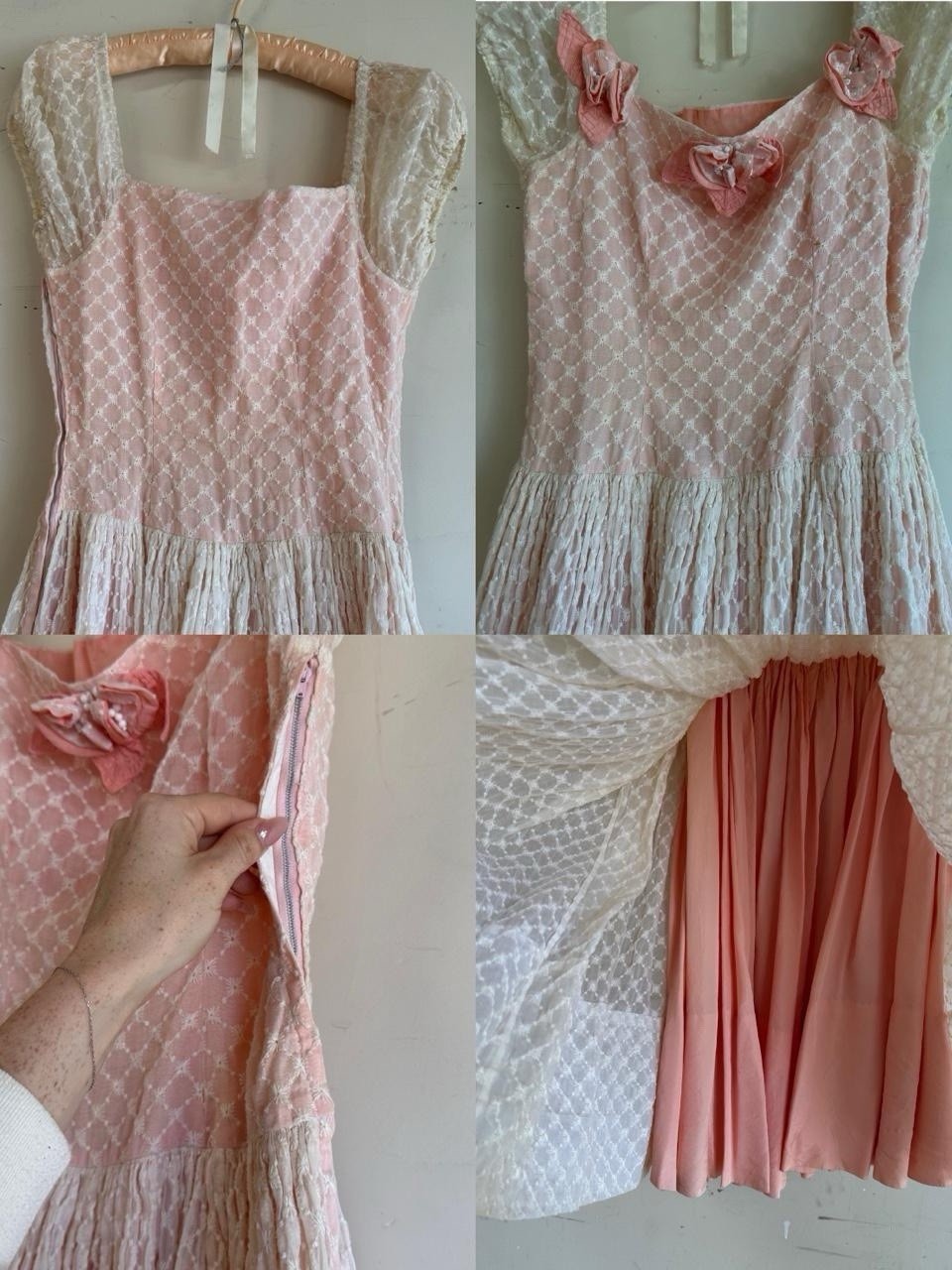 1940s blush pink puff sleeve fairy cottage princess floral appliqué party dress