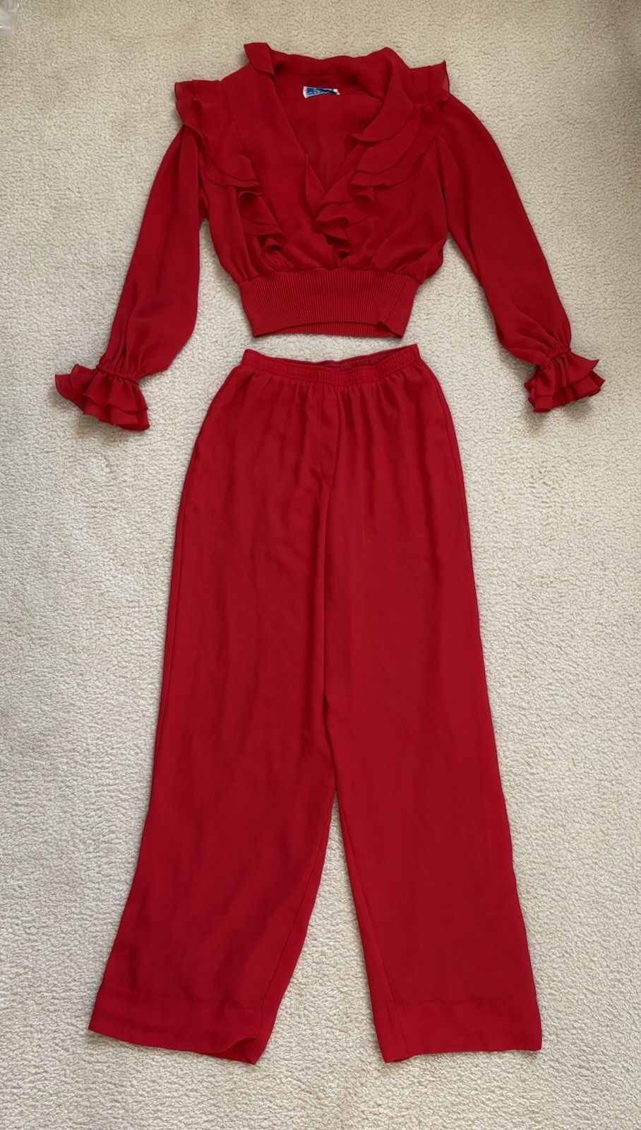 Vintage 80s Rina Rossi red 2-pc set, pull on pants ruffle blouse sz 10 bold chic