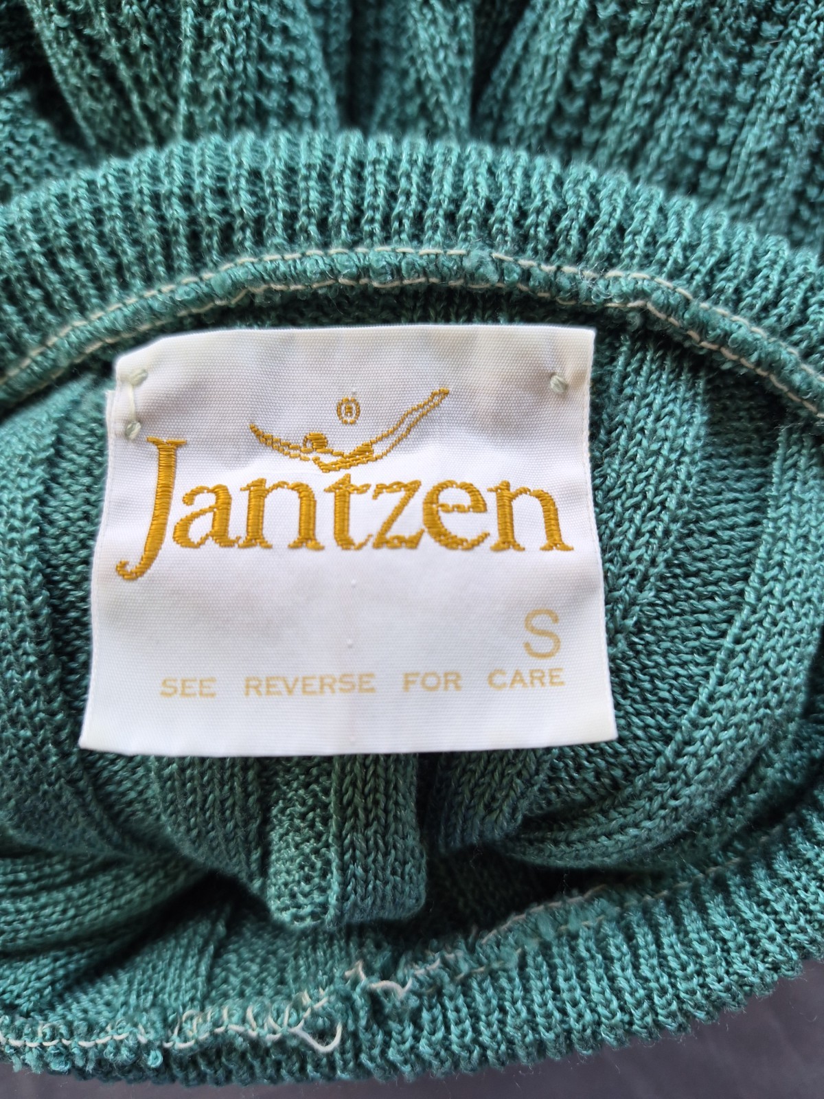 Vintage Jantzen Ribbed Turtleneck Sweater Made in USA Sage Green Geometric Yoke