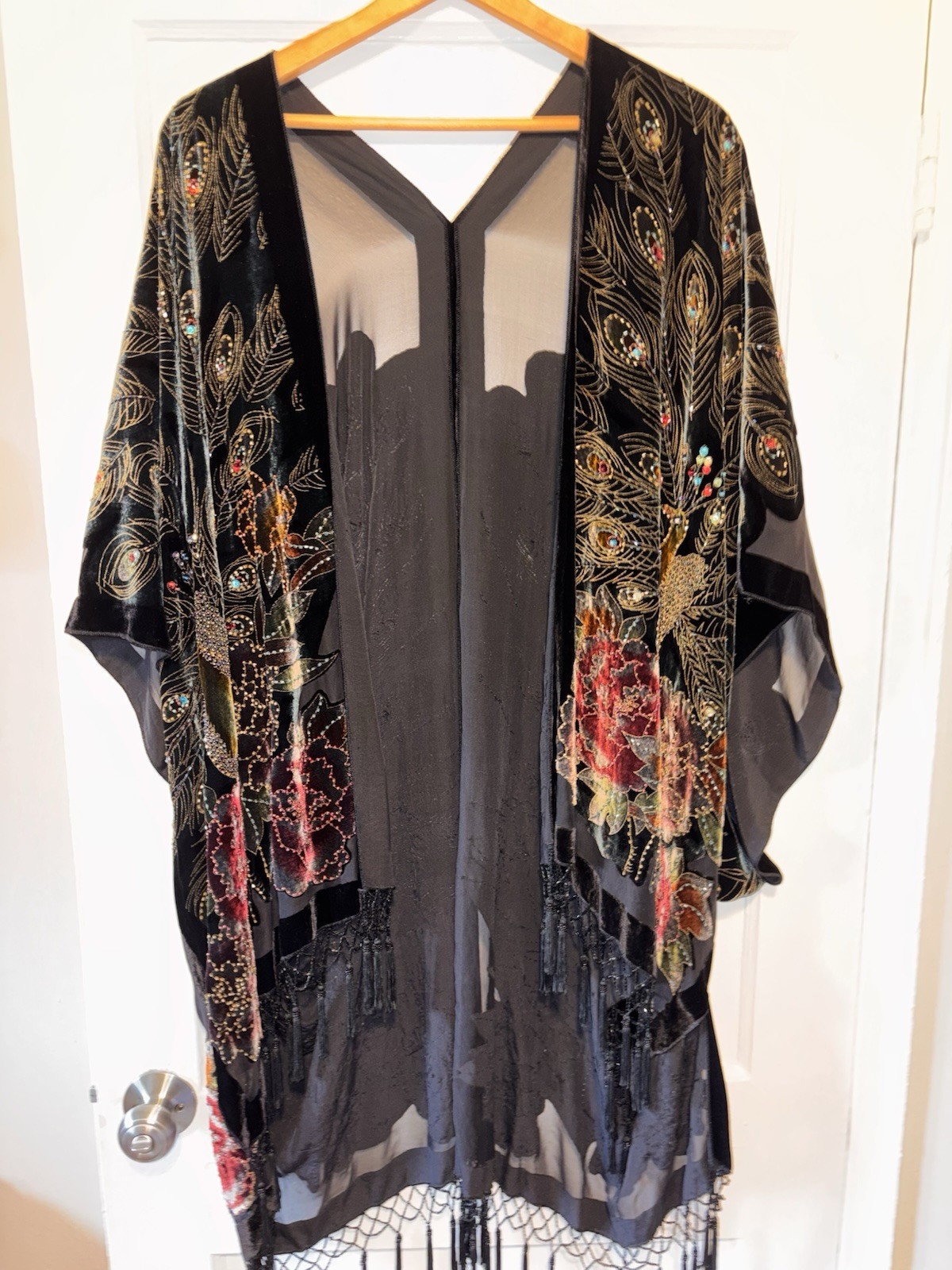 Vintage Silk Velvet Beaded Peacock Duster Coat Opera Black Fringe Romantic Goth