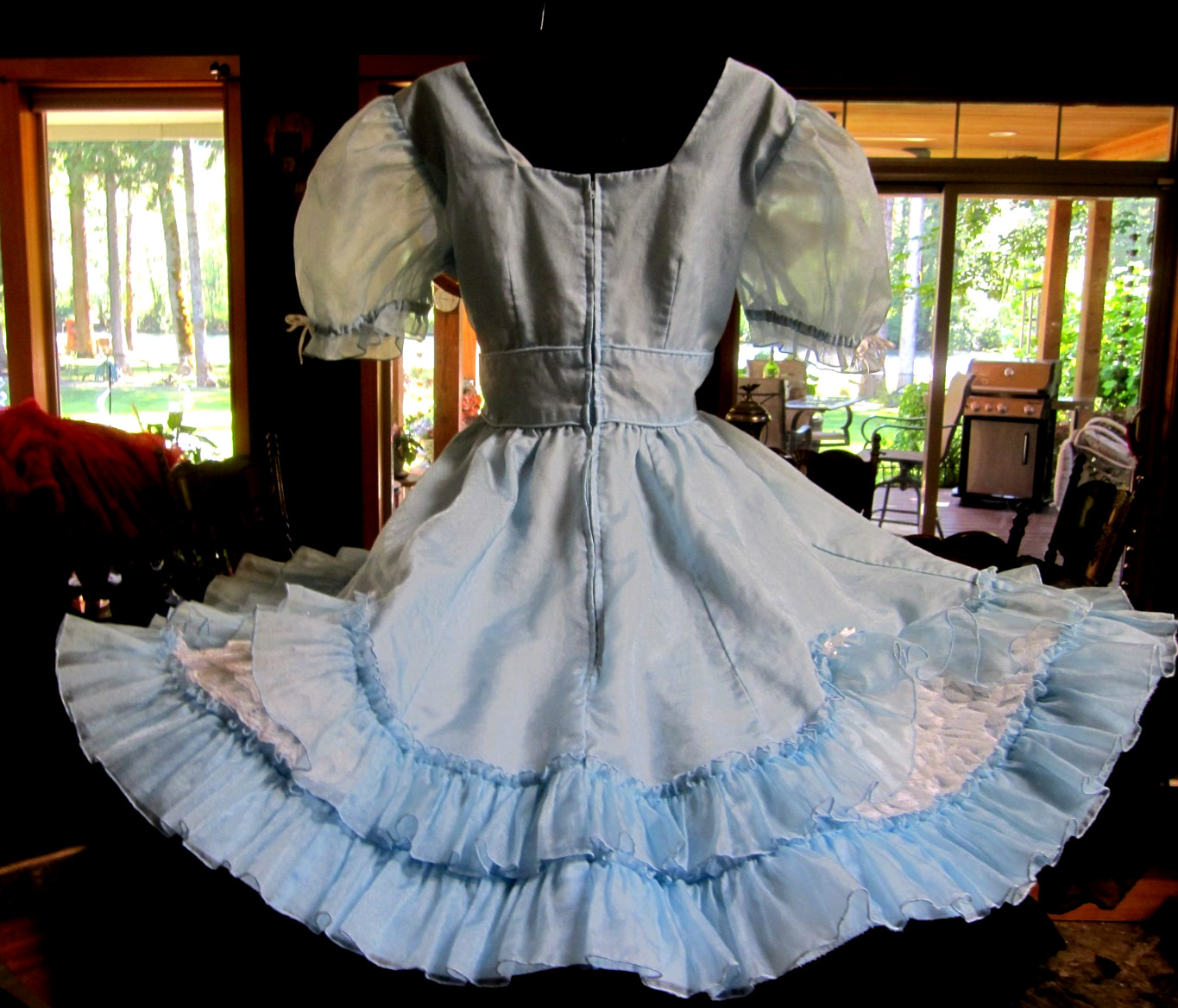 Vtg SQUARE DANCE PRAIRIE DRESS Blue Organza Ruffles Rows of White Lace Sz 12/14