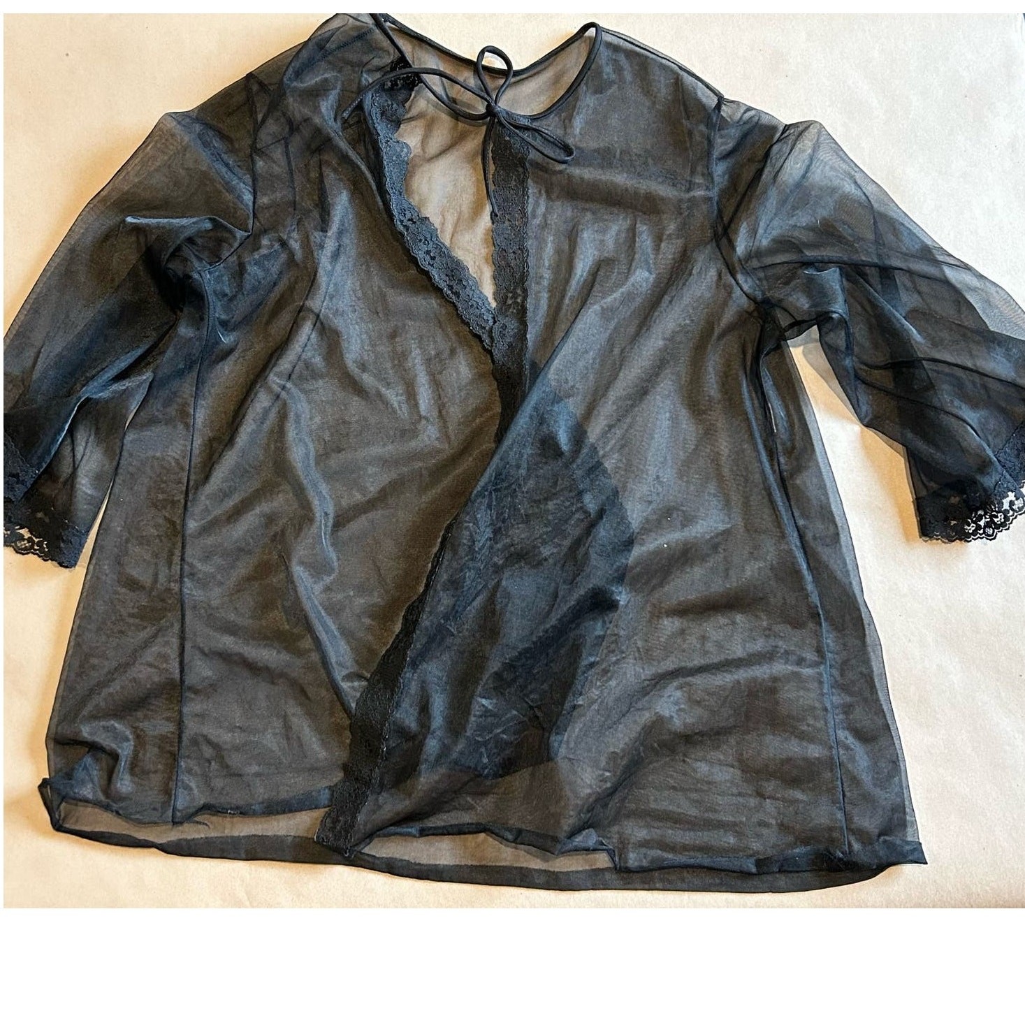Vintage Black Sheer Lace Bell Sleeve Boudoir Jacket Pin Up Lingerie S/M
