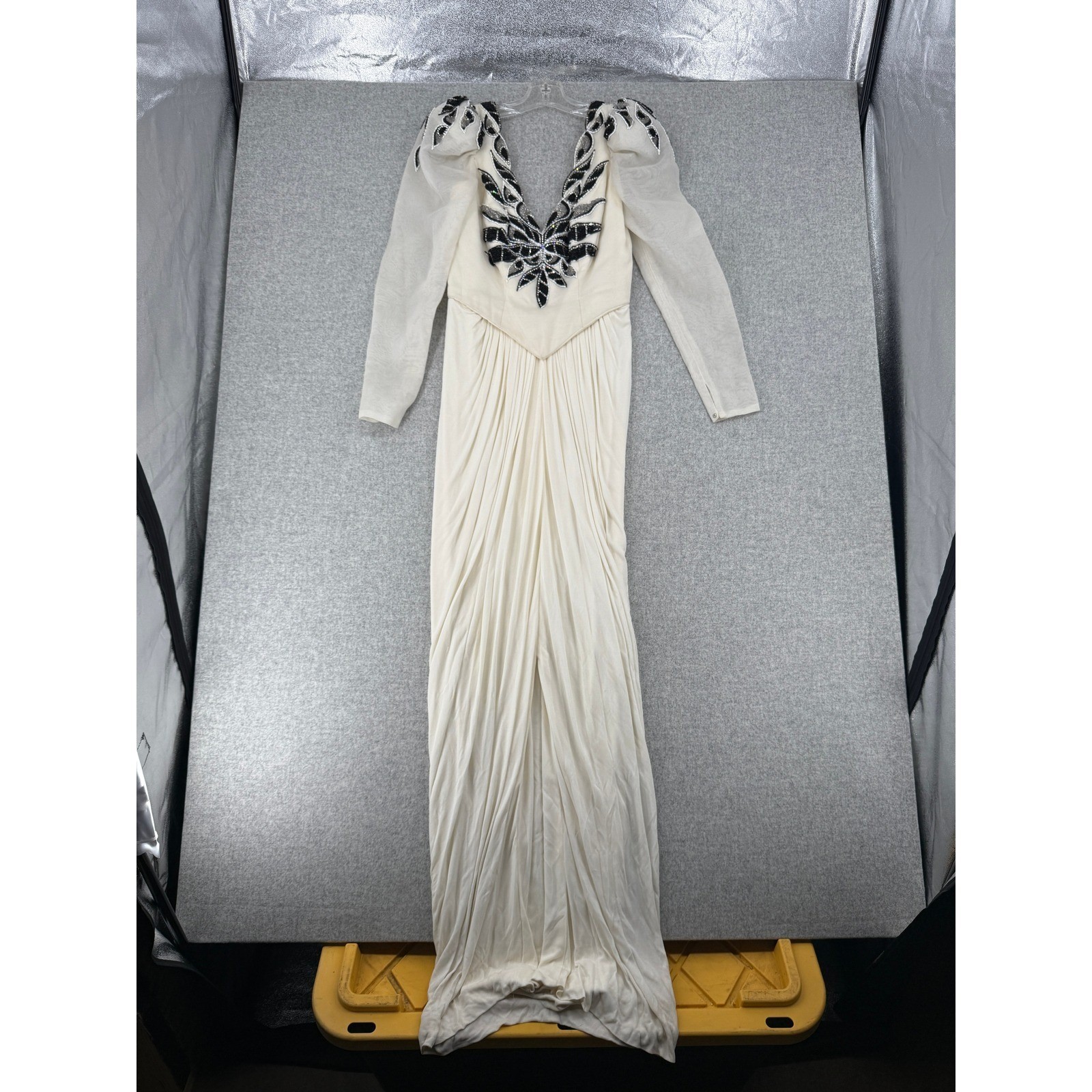 Vintage Beaded Evening Gown Dress Size 10 Cream Black Sequin Sheer Sleeve Formal