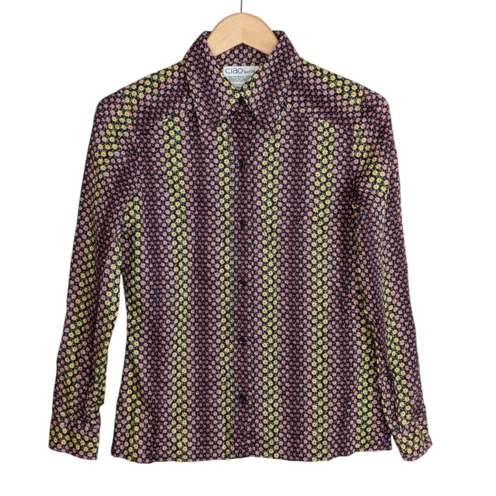 EUC Vintage 70s Ditsy Daisy Button Up Shirt Sz 12 Long Sleeve Multicolor Ciao