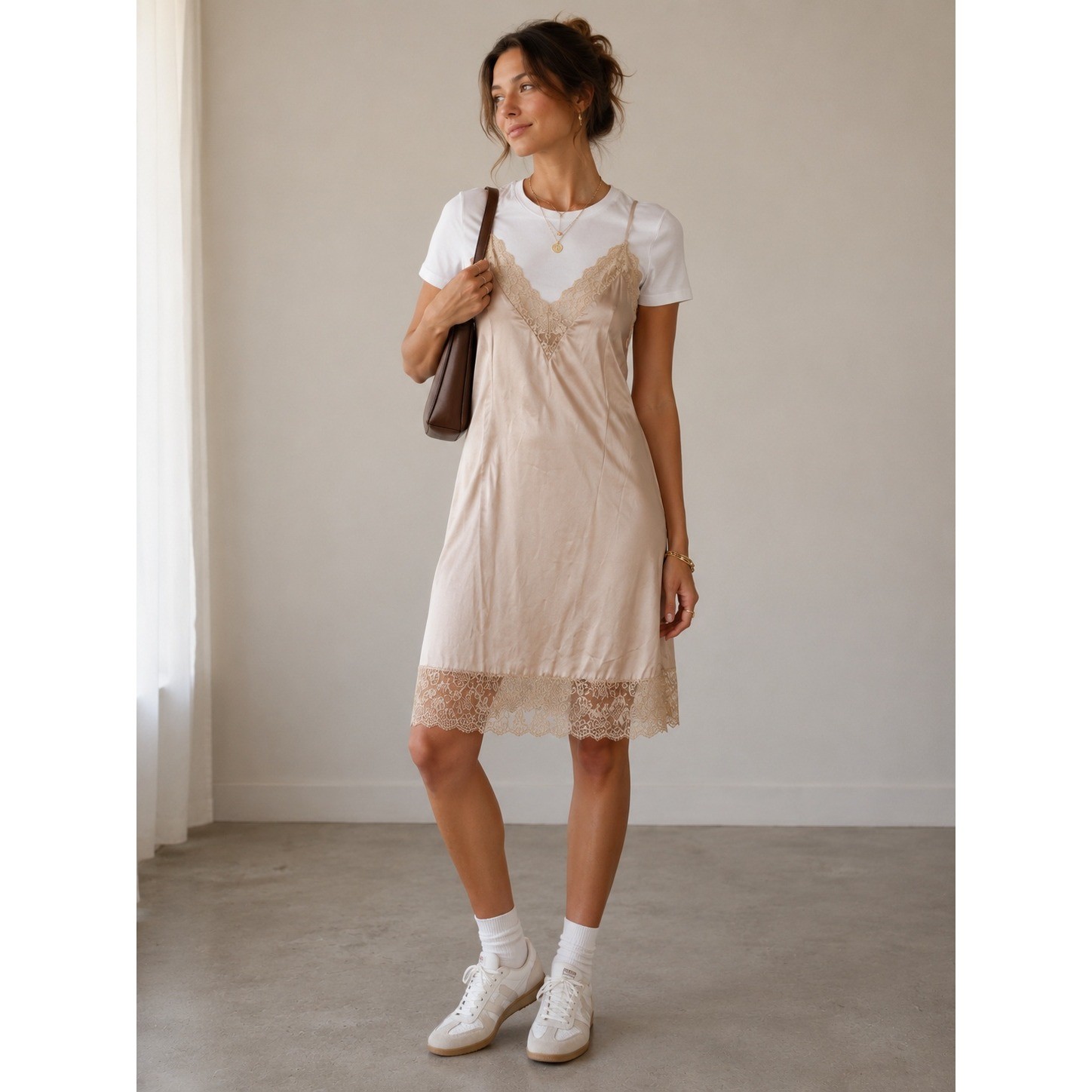 Vintage Lace Slip Dress Lingerie Champagne Beige V-Neck Adjustable Straps