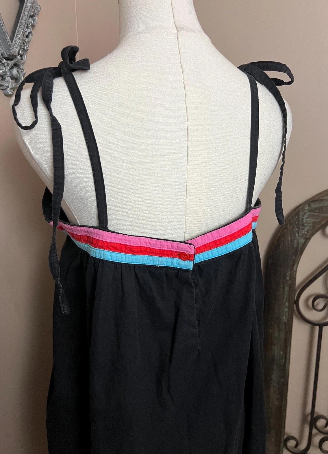 Vintage 70s Neiman Marcus Black Cotton Shoulder Tie Sundress Retro Mod Size L