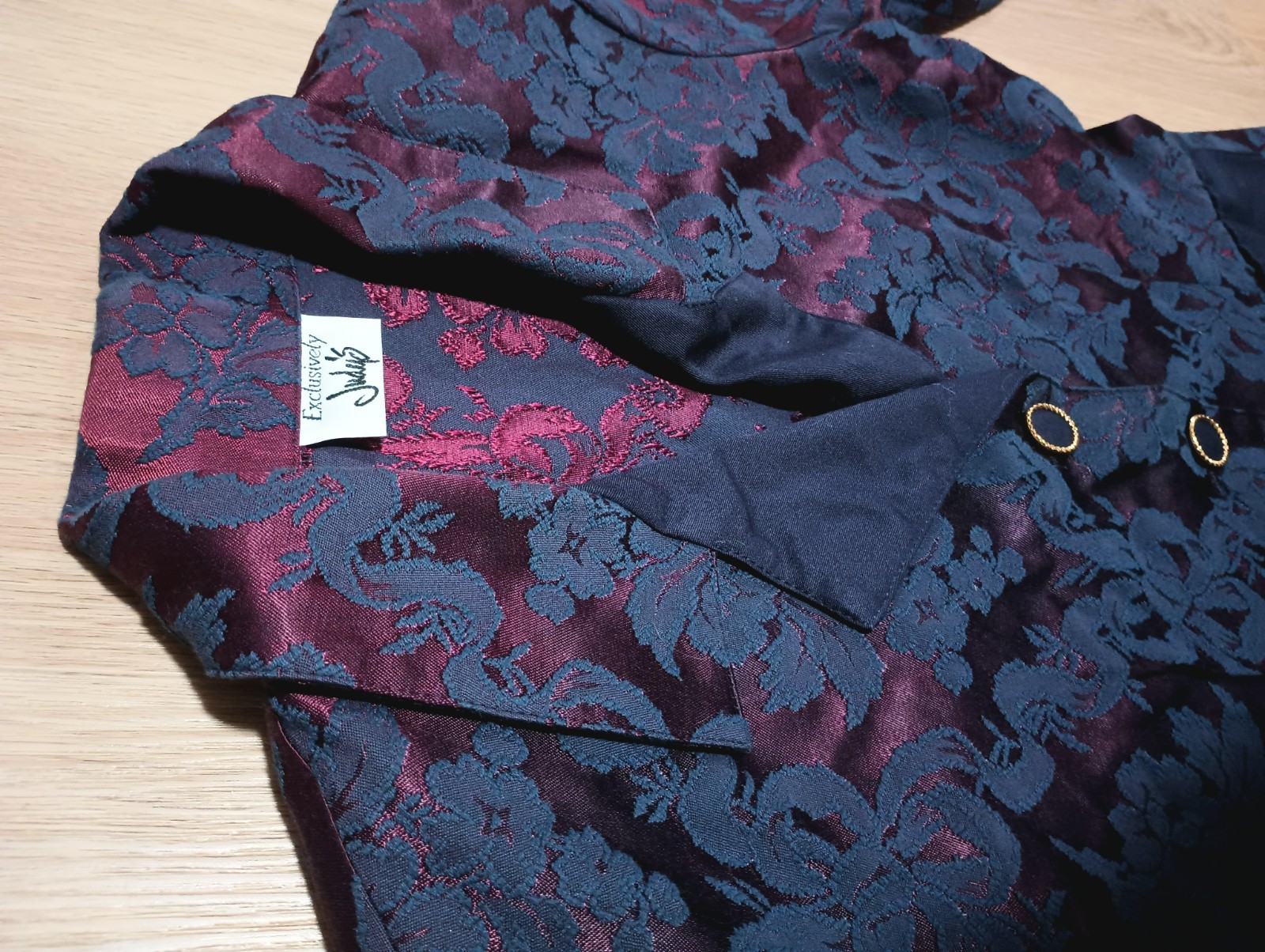 Vtg 80s JUDY’S Burgundy Navy Jacquard Blazer Jacket holiday festive steampunk S