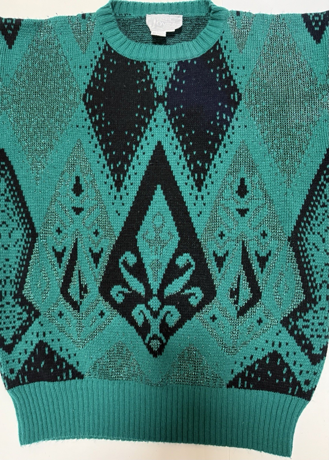 VTG Joyce Acrylic Knits Sweater Sz L Green Black Sparkle Clothing Geometric 80s