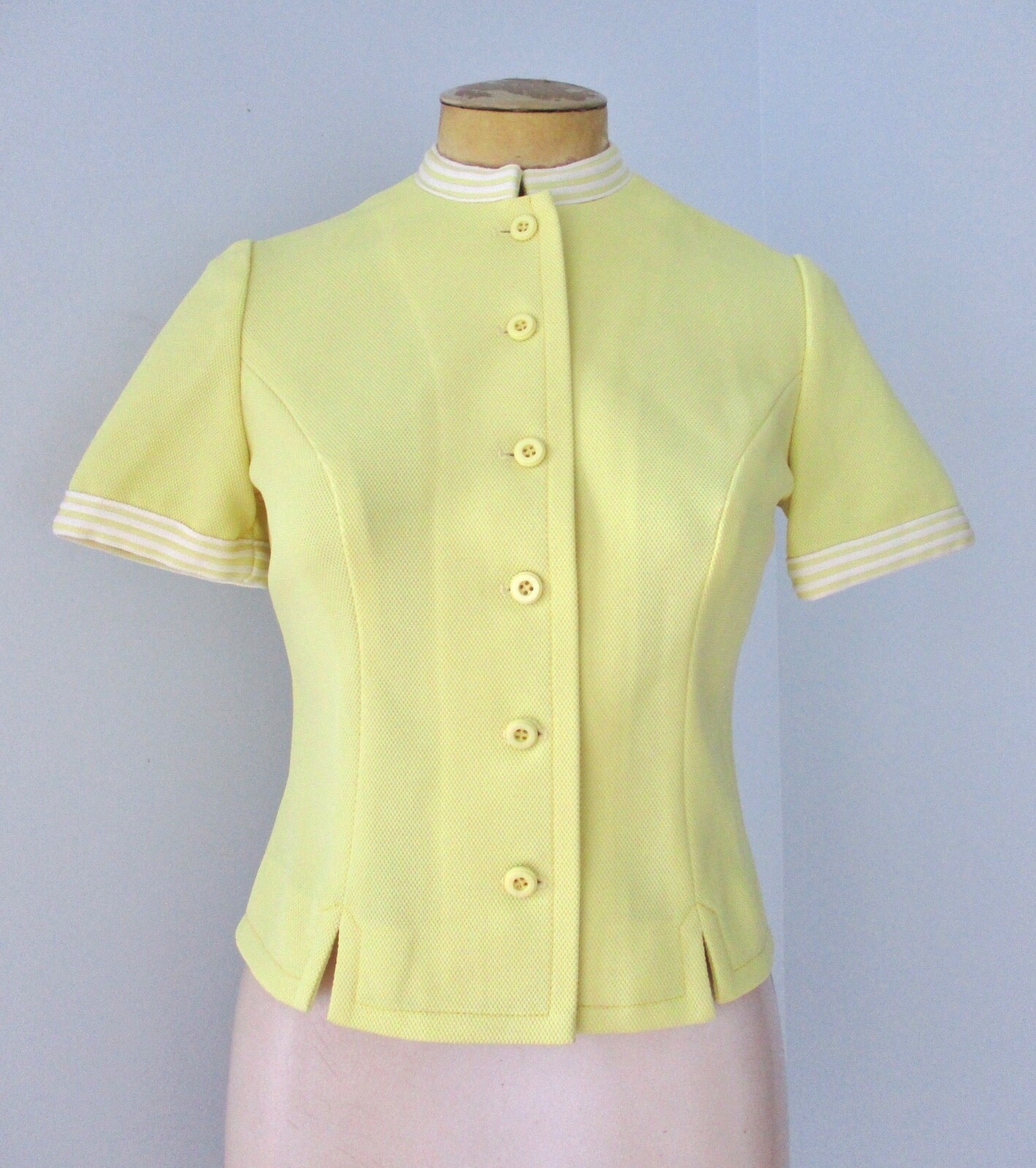 Vtg 70s Leslie Fay Yellow 2-Pc Fit Flare Ringer Dress Jacket Secretary Suit S/M