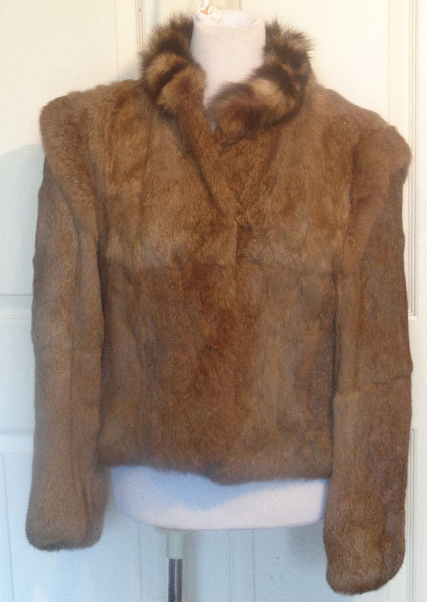 Vintage Rabbit Fur Raccoon Collar Short Jacket B42 L
